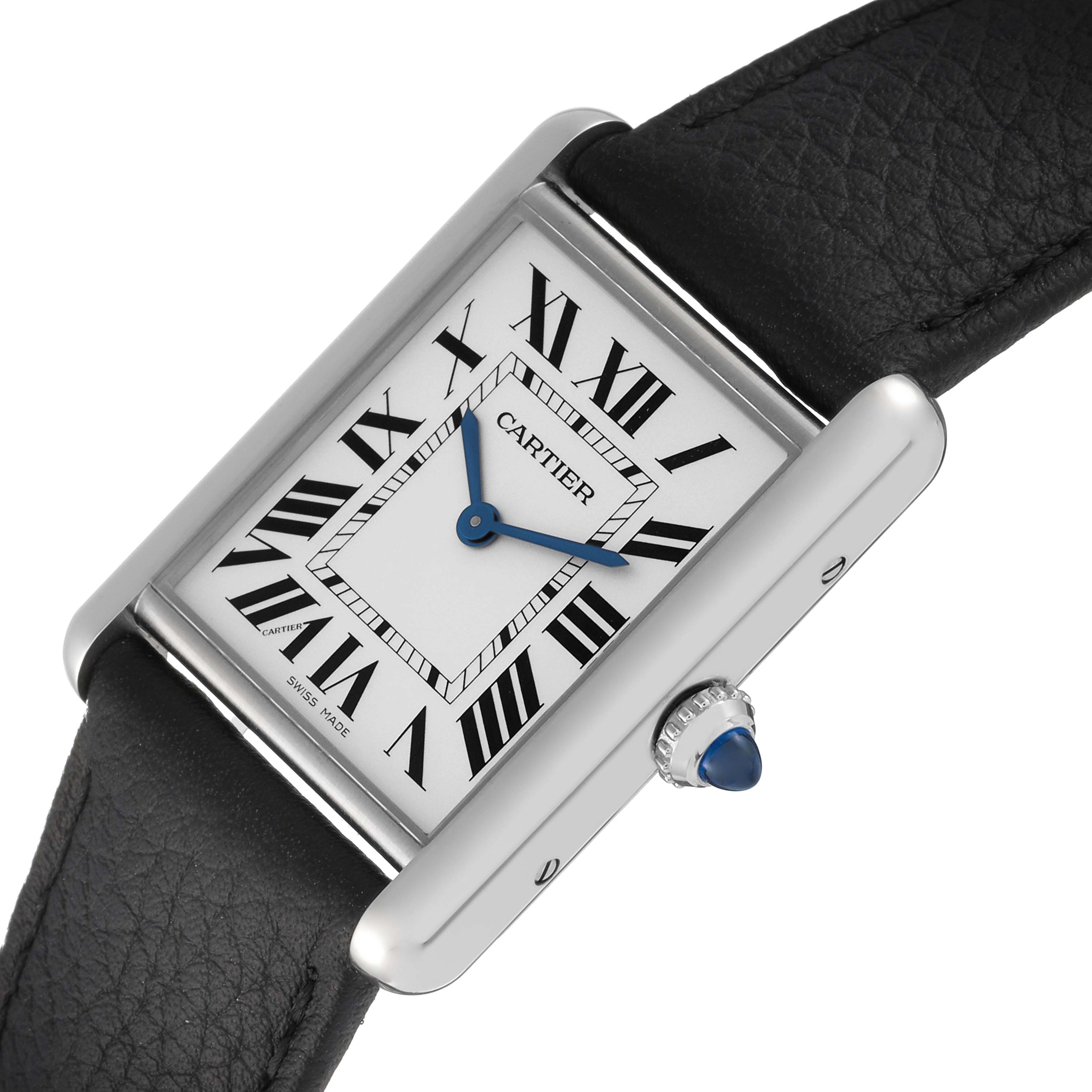 The image shows a Cartier Tank Must WSTA0041 Women's Stainless Steel Silver Dial WSTA0041 Women's Stainless Steel Silver Dial watch at an angled close-up, highlighting the face, roman numerals, and crown.