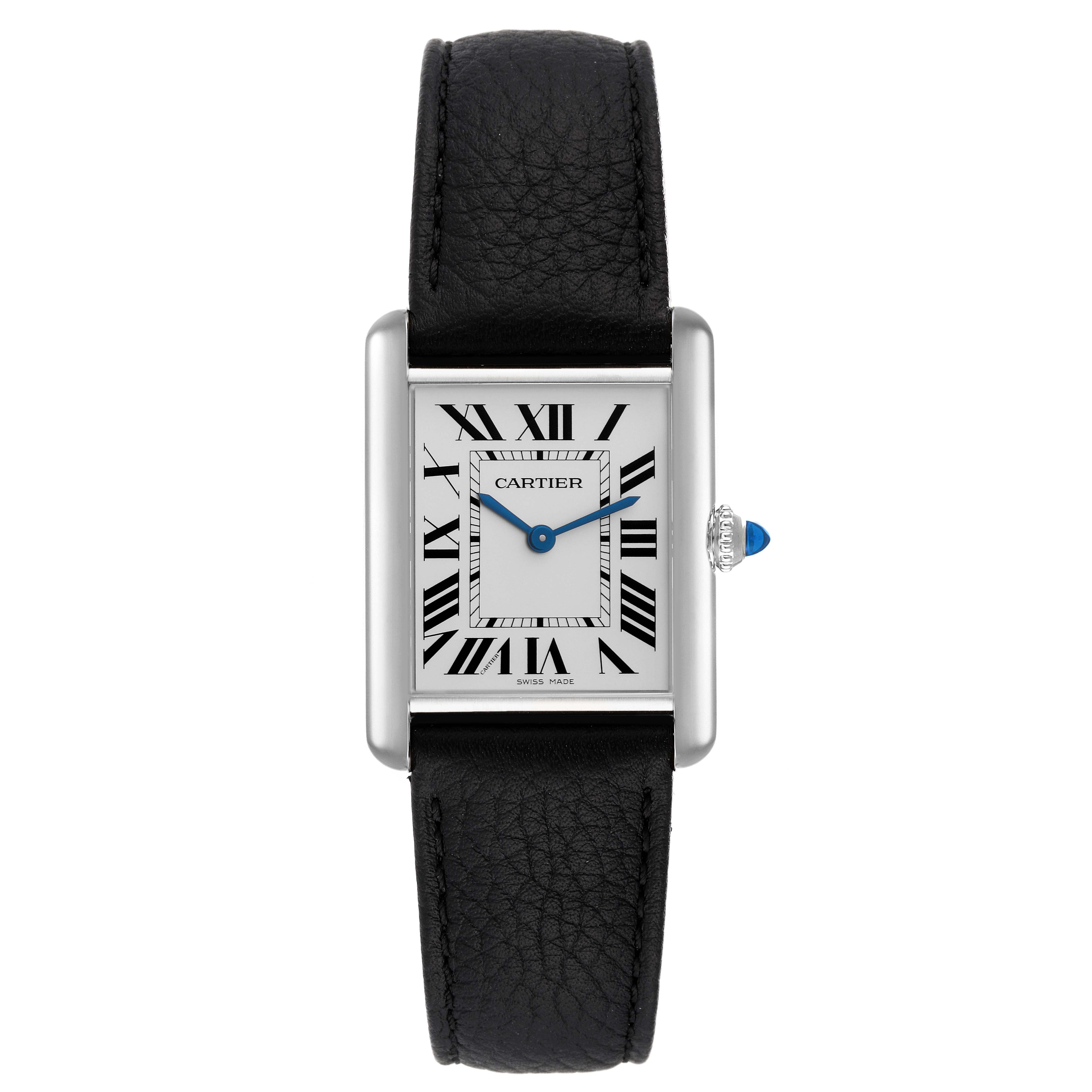 The image shows a frontal view of a Cartier Tank Must WSTA0041 Women's Stainless Steel Silver Dial WSTA0041 Women's Stainless Steel Silver Dial watch, highlighting its rectangular face, black leather strap, and crown.