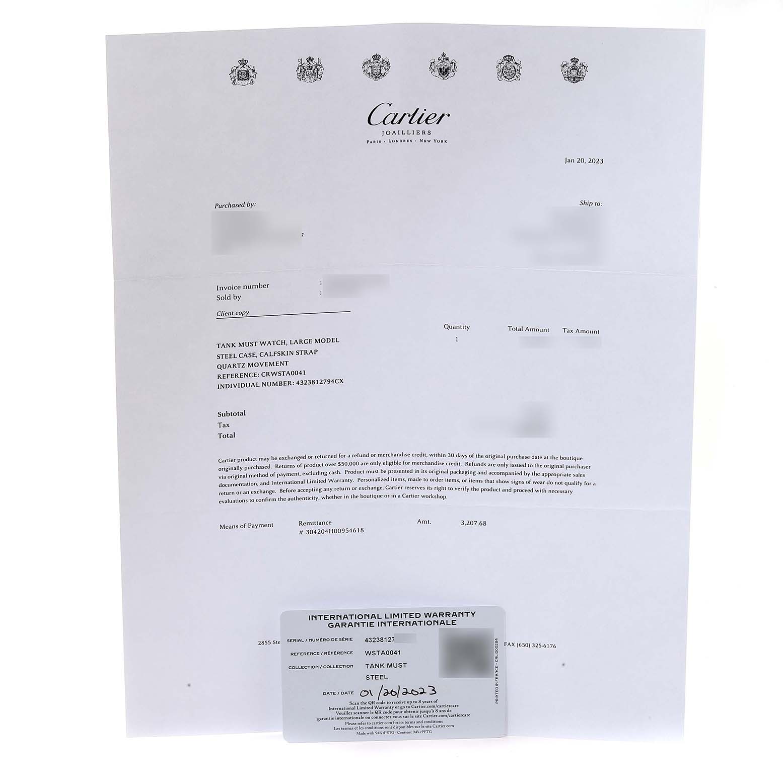 This image shows the warranty and purchase details for a Cartier Tank Must WSTA0041 Women's Stainless Steel Silver Dial WSTA0041 Women's Stainless Steel Silver Dial watch, including the international limited warranty card.