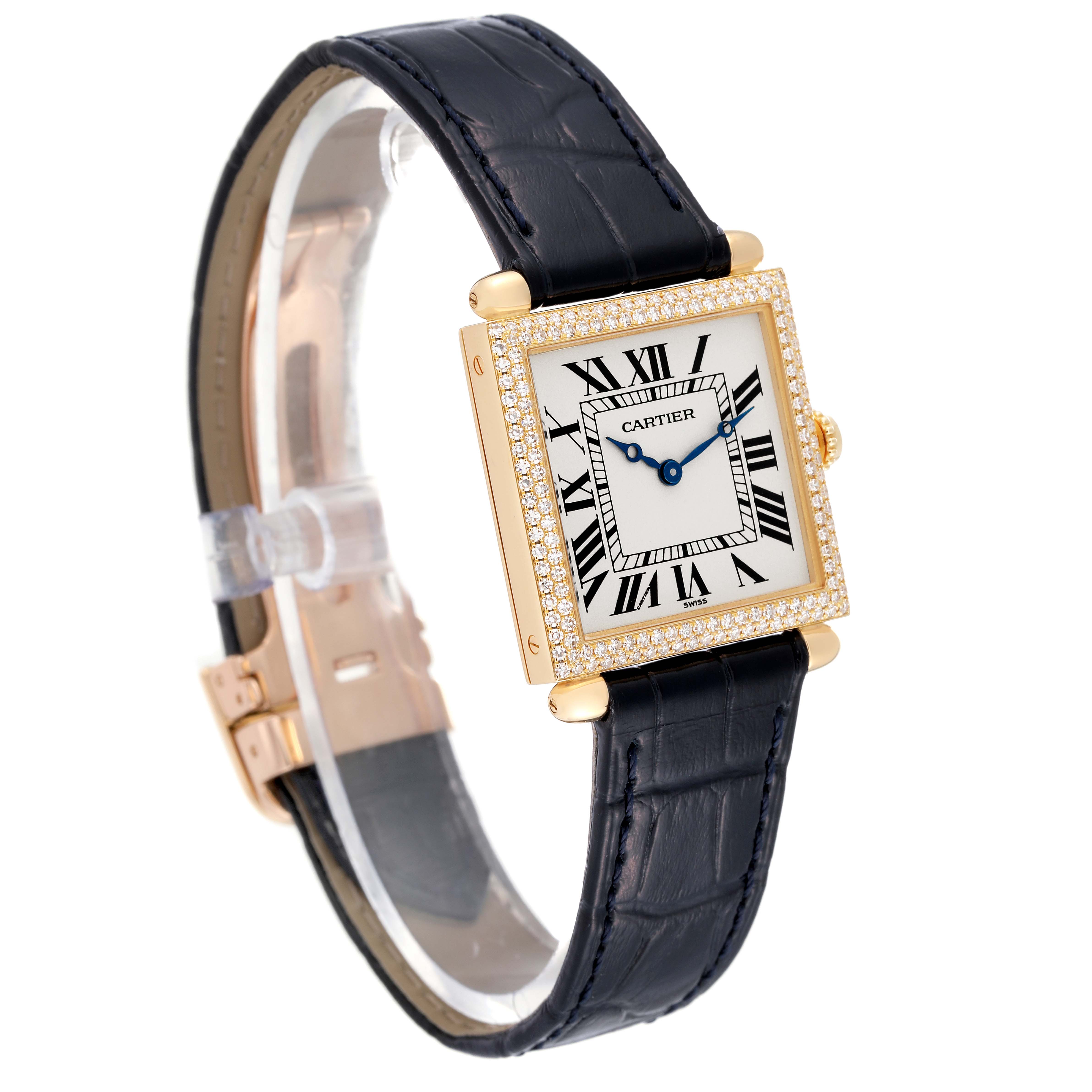 The Cartier Tank Obus WB800251 Women's Yellow Gold Silver Dial WB800251 Women's Yellow Gold Silver Dial watch is shown at a slight angle, displaying the face, strap, and diamond-encrusted bezel.