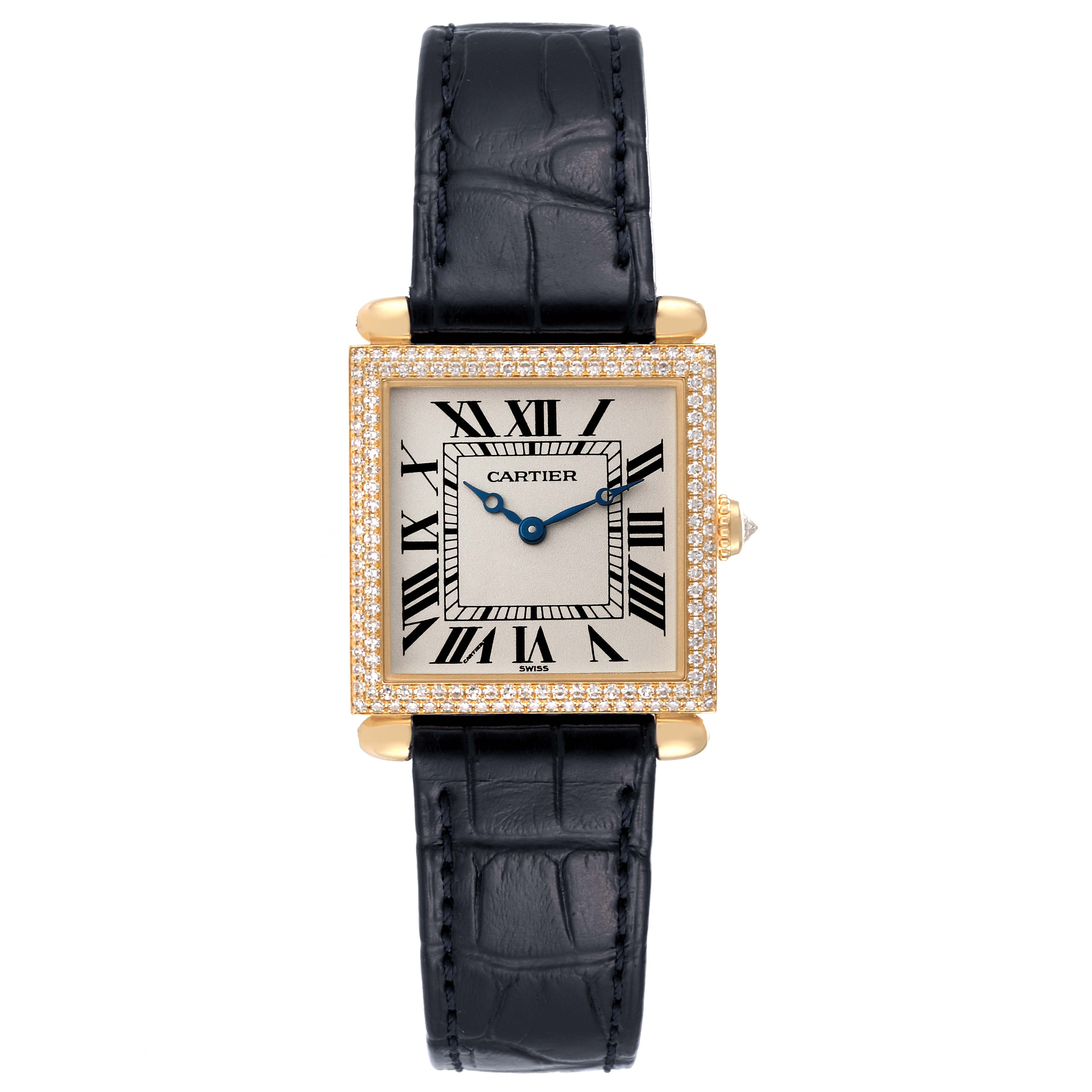 The image displays a Cartier Tank Obus WB800251 Women's Yellow Gold Silver Dial WB800251 Women's Yellow Gold Silver Dial watch front-on, showing its square dial, Roman numerals, and black leather strap.