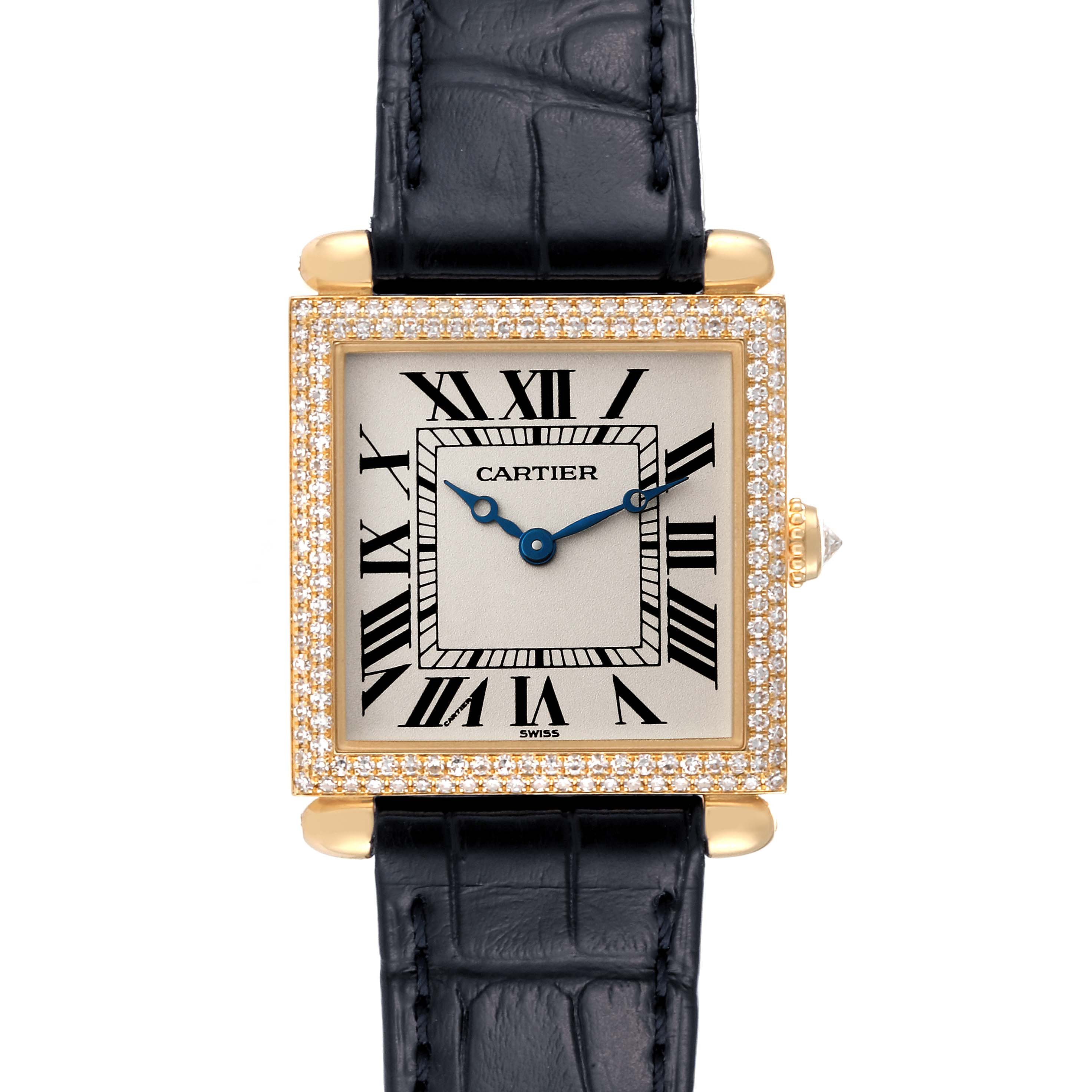 The image shows a frontal view of the Cartier Tank Obus WB800251 Women's Yellow Gold Silver Dial WB800251 Women's Yellow Gold Silver Dial watch, featuring a square face with Roman numerals and a leather strap.