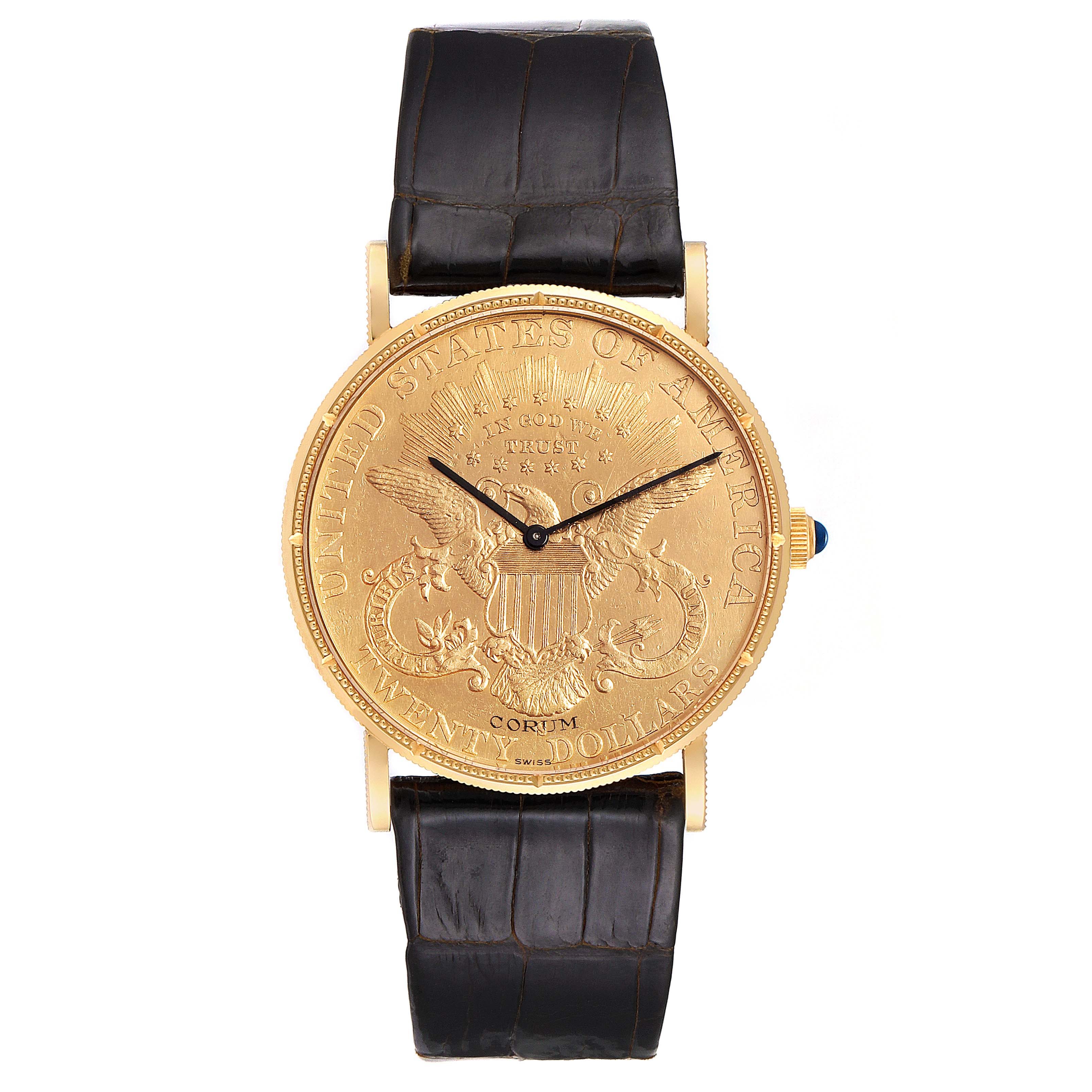 The image shows a frontal view of the Corum Coin Watch  Men's Yellow Gold Black Dial  Men's Yellow Gold Black Dial model with a leather strap and gold coin-style dial.