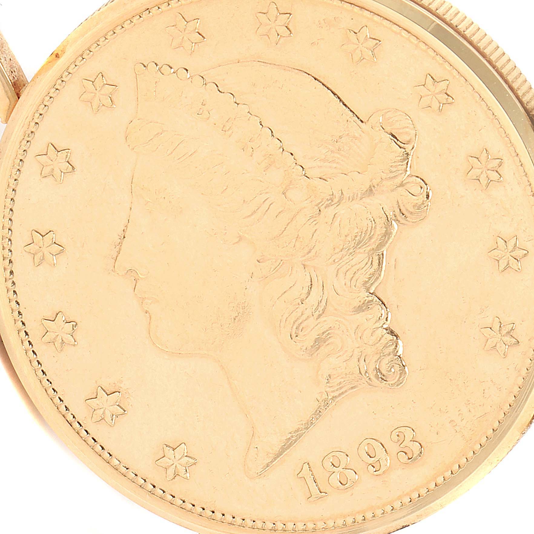 This close-up shows the watch face of the Corum Coin Watch  Men's Yellow Gold Black Dial  Men's Yellow Gold Black Dial model, featuring an intricate coin with an 1893 date.