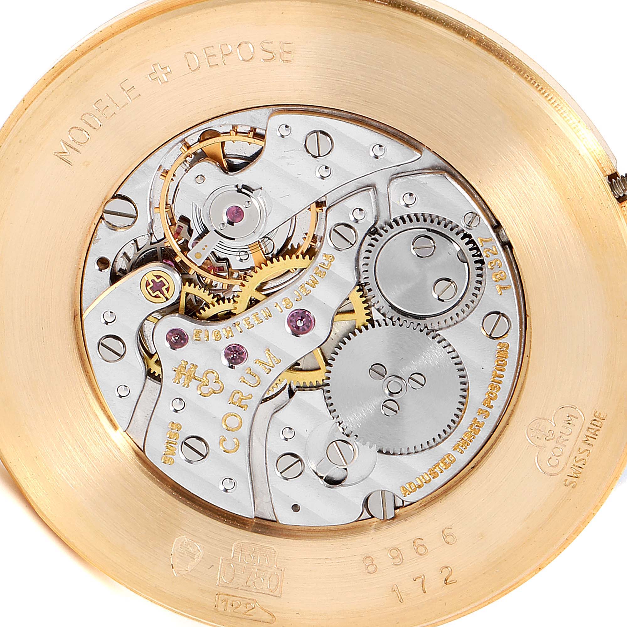 The image shows the internal mechanism of the Corum Coin Watch  Men's Yellow Gold Black Dial  Men's Yellow Gold Black Dial model from a back angle.