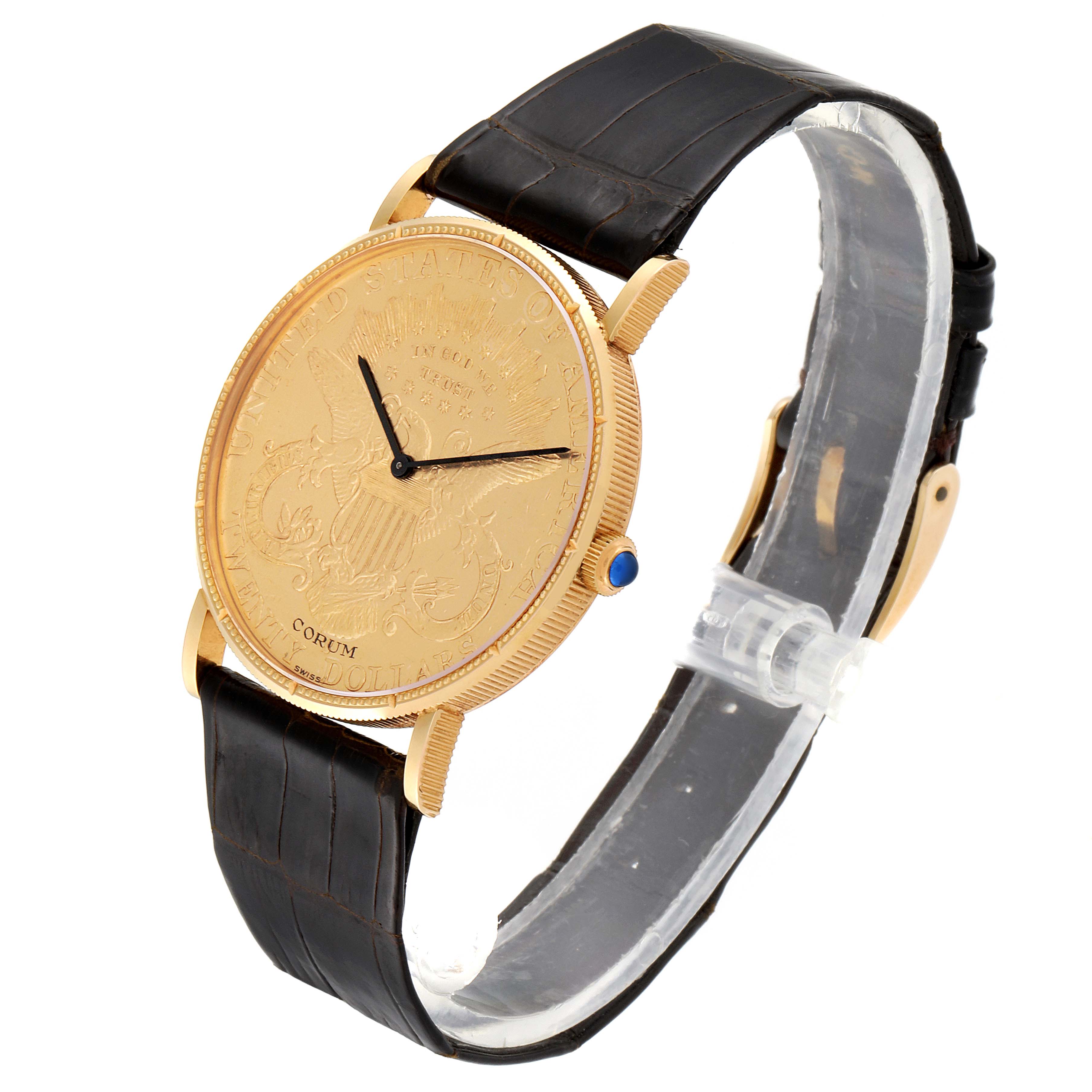 This image shows a Corum Coin Watch  Men's Yellow Gold Black Dial  Men's Yellow Gold Black Dial model from a side angle, highlighting its gold case, embossed tree, black leather strap, and crown details.