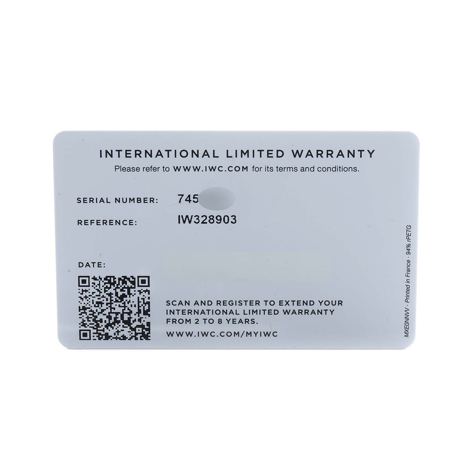 The image displays an International Limited Warranty card for the IWC Ingenieur IW328903 Men's Stainless Steel Blue Dial model, showing serial and reference numbers.