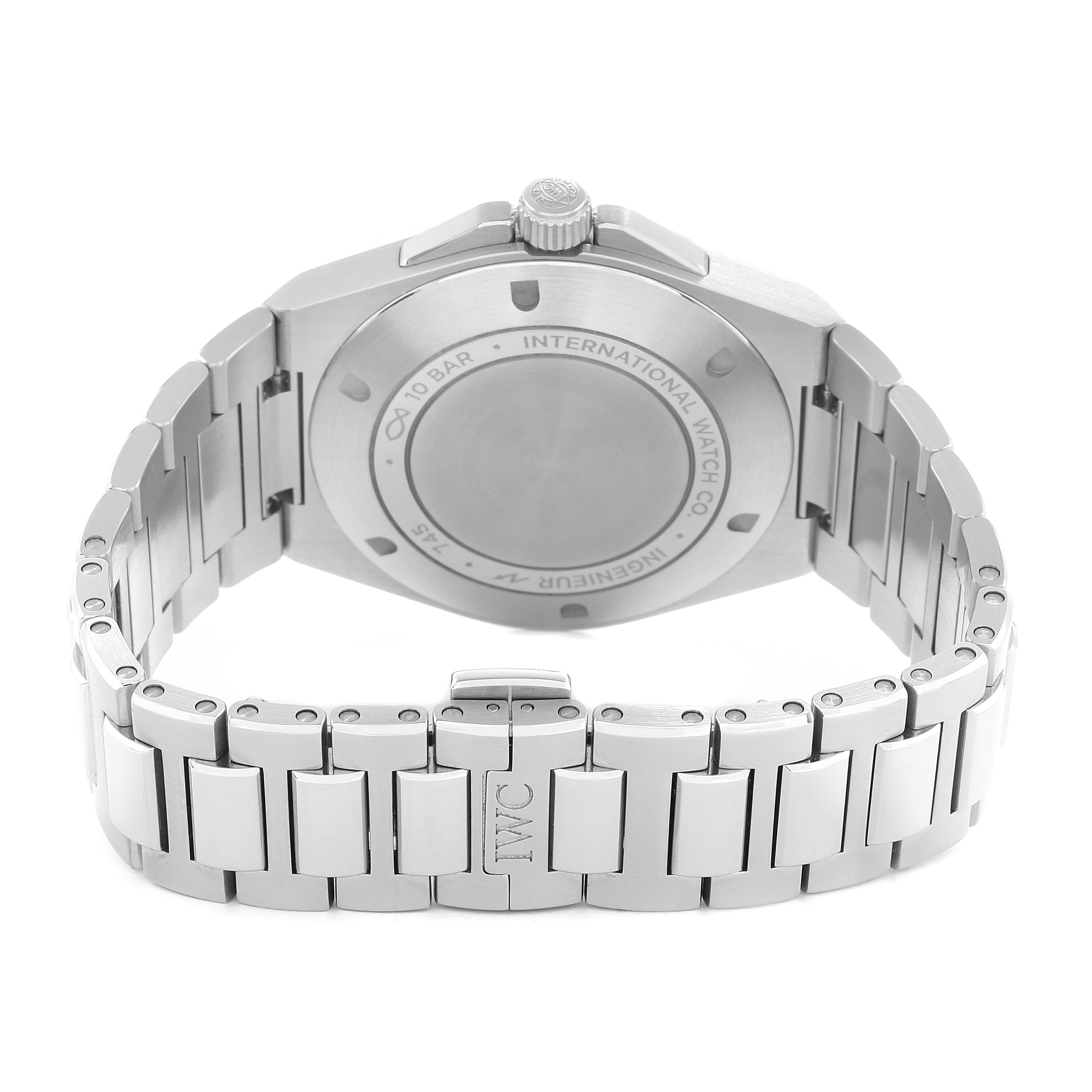 The image shows the back case and bracelet of an IWC Ingenieur IW328903 Men's Stainless Steel Blue Dial watch from an angled rear perspective.