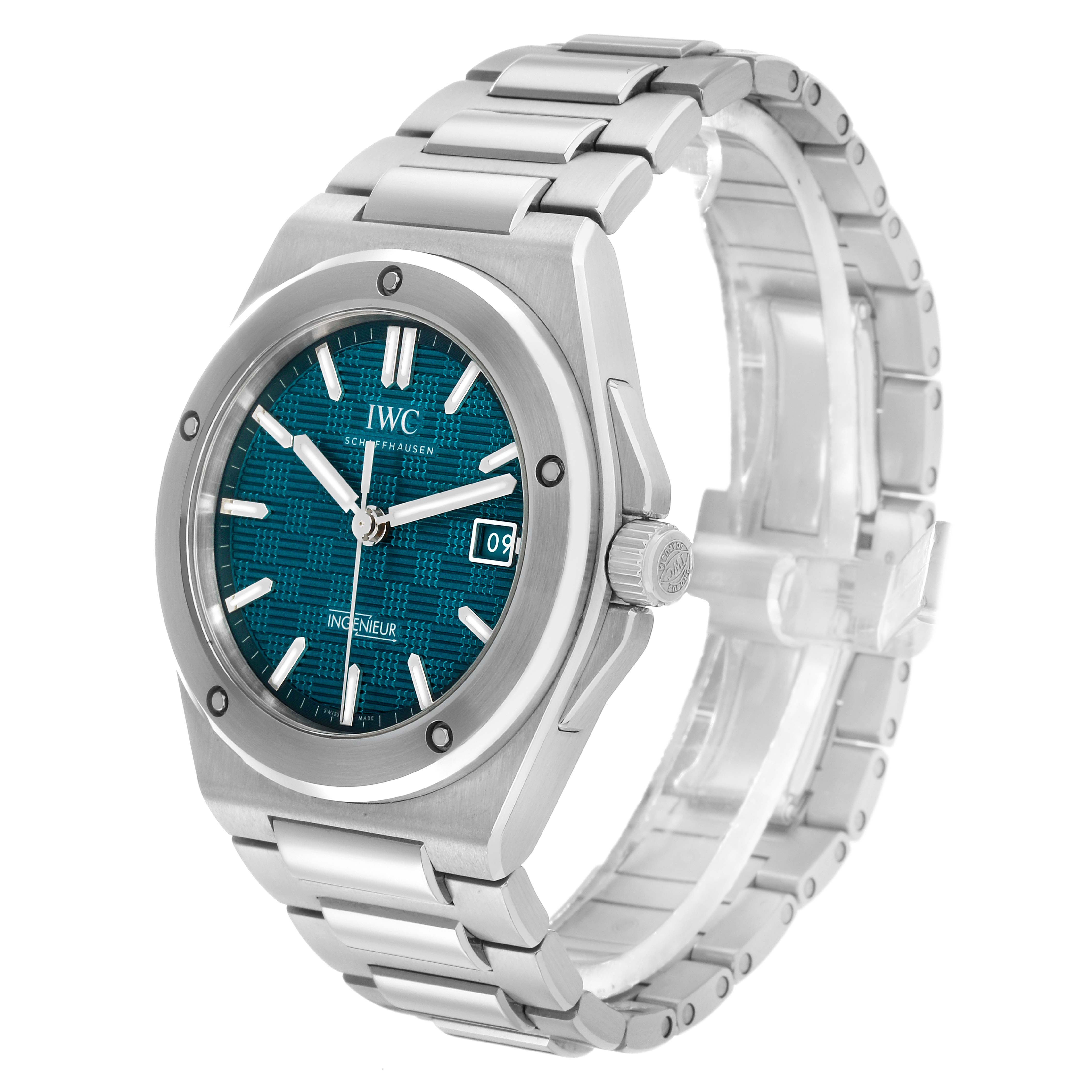 The IWC Ingenieur IW328903 Men's Stainless Steel Blue Dial watch is shown at a three-quarter angle, displaying the dial, case, crown, and metal bracelet.