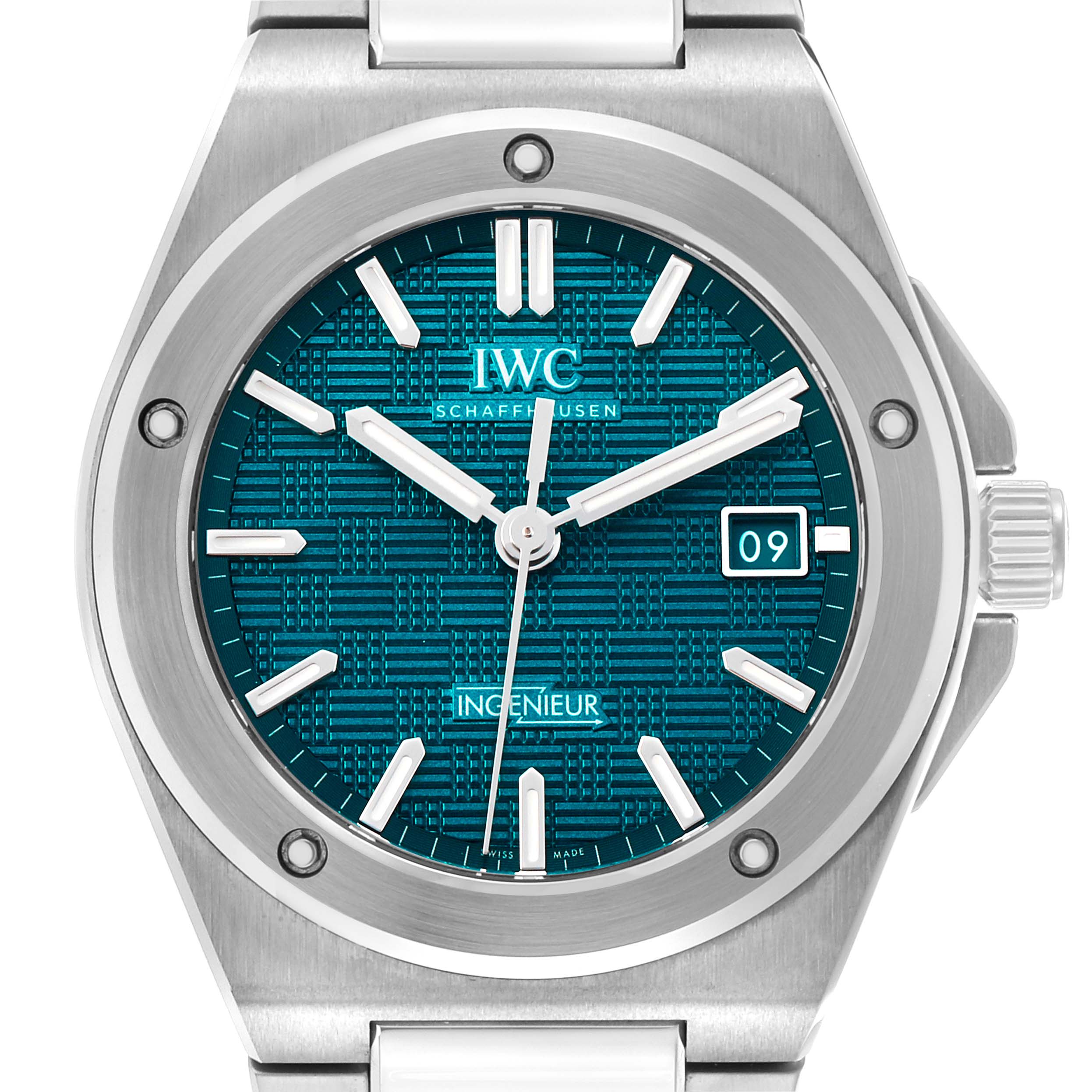The image shows a front view of the IWC Ingenieur IW328903 Men's Stainless Steel Blue Dial watch, displaying the dial, bezel, hands, and date window.