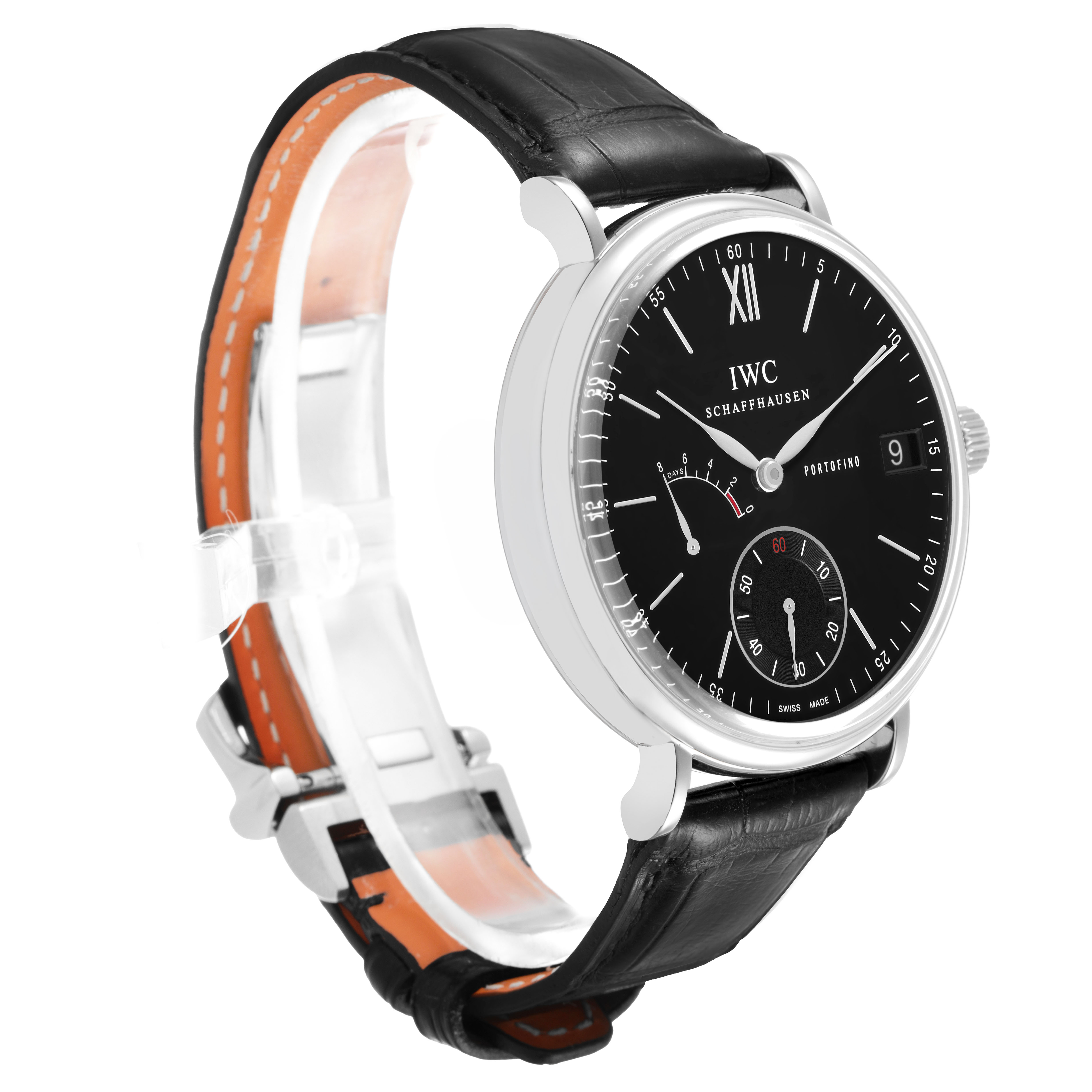 The IWC Portofino IW510102 Men's Stainless Steel Black Dial watch is shown at a three-quarter angle, highlighting the face, crown, and leather strap.