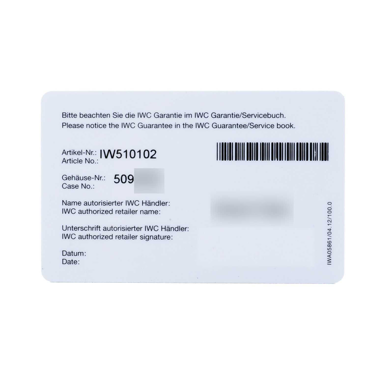 The image shows a flat angle of an IWC Portofino IW510102 Men's Stainless Steel Black Dial warranty card with model and case numbers visible.