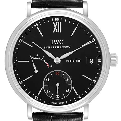 The IWC Portofino IW510102 Men's Stainless Steel Black Dial watch is shown from the front, displaying its black dial, date window, subdials, and leather strap.