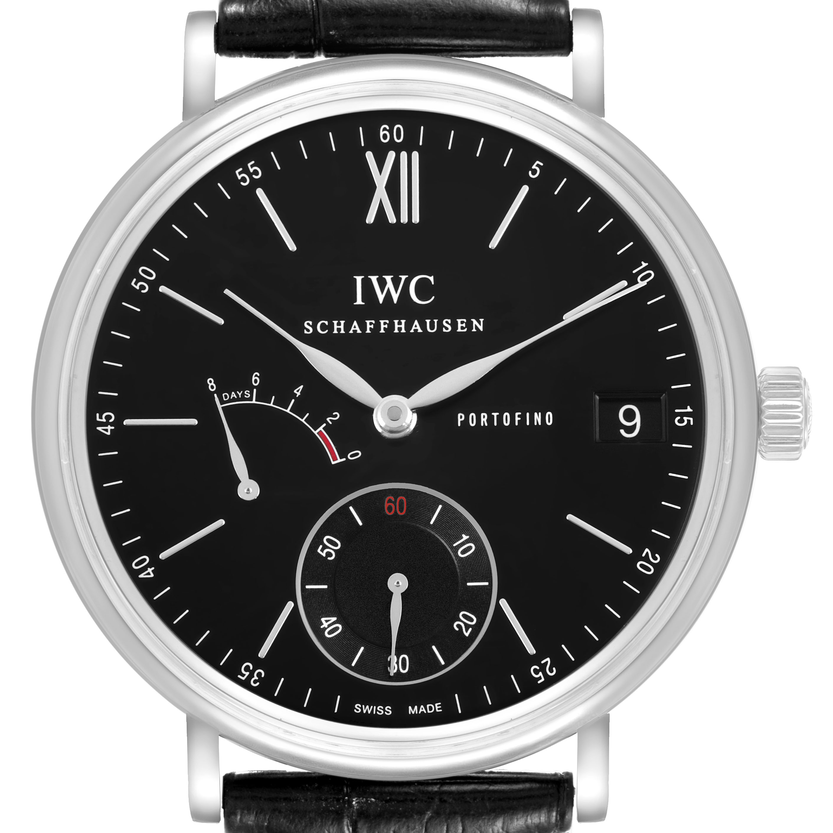The IWC Portofino IW510102 Men's Stainless Steel Black Dial watch is shown front-facing, displaying its black dial, sub-dials, and silver case with a visible leather strap.