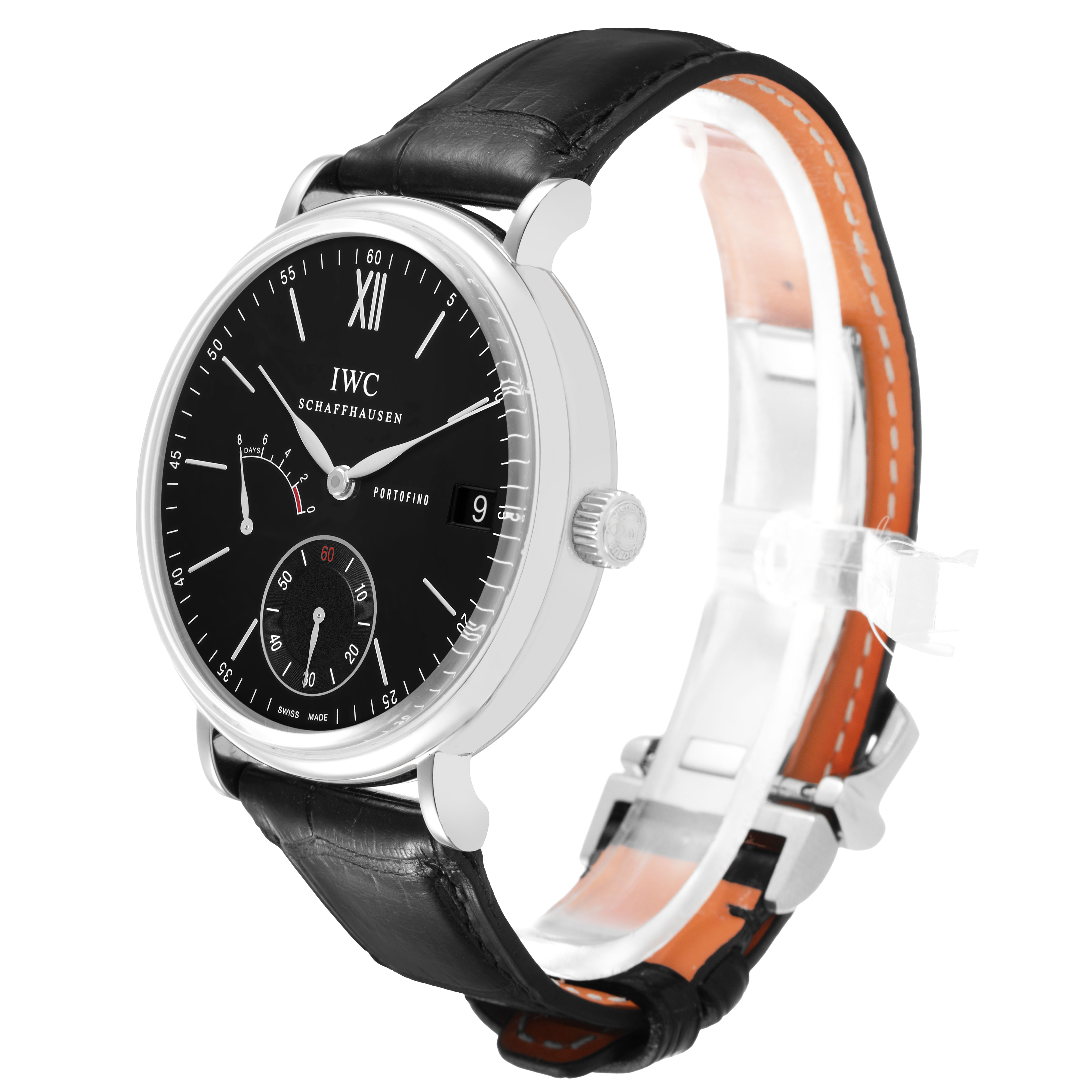 The IWC Portofino IW510102 Men's Stainless Steel Black Dial watch is shown at a three-quarter angle, highlighting the face, side crown, and leather strap.