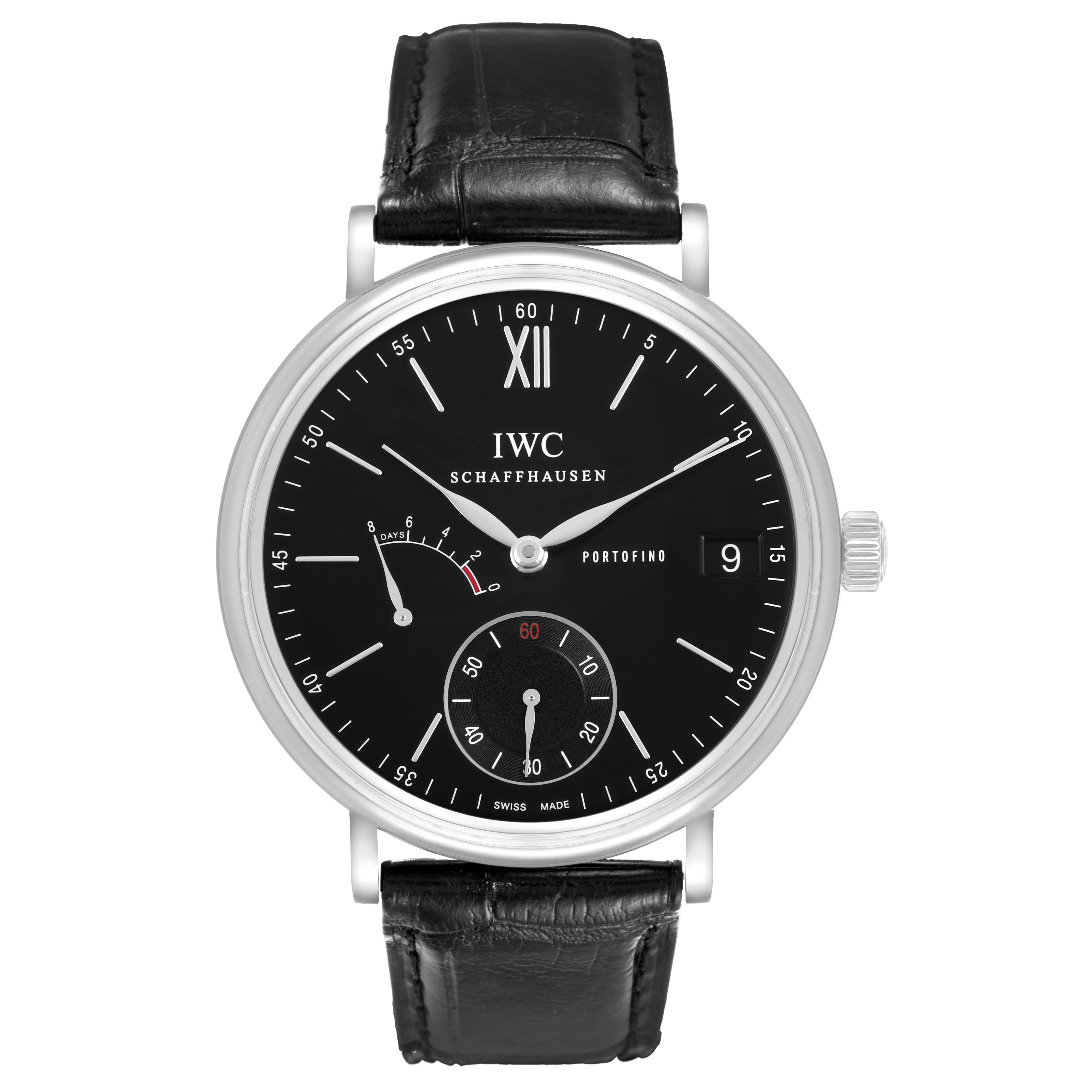 The IWC Portofino IW510102 Men's Stainless Steel Black Dial watch is shown from the front, featuring a black dial, sub-dials, and a black leather strap.