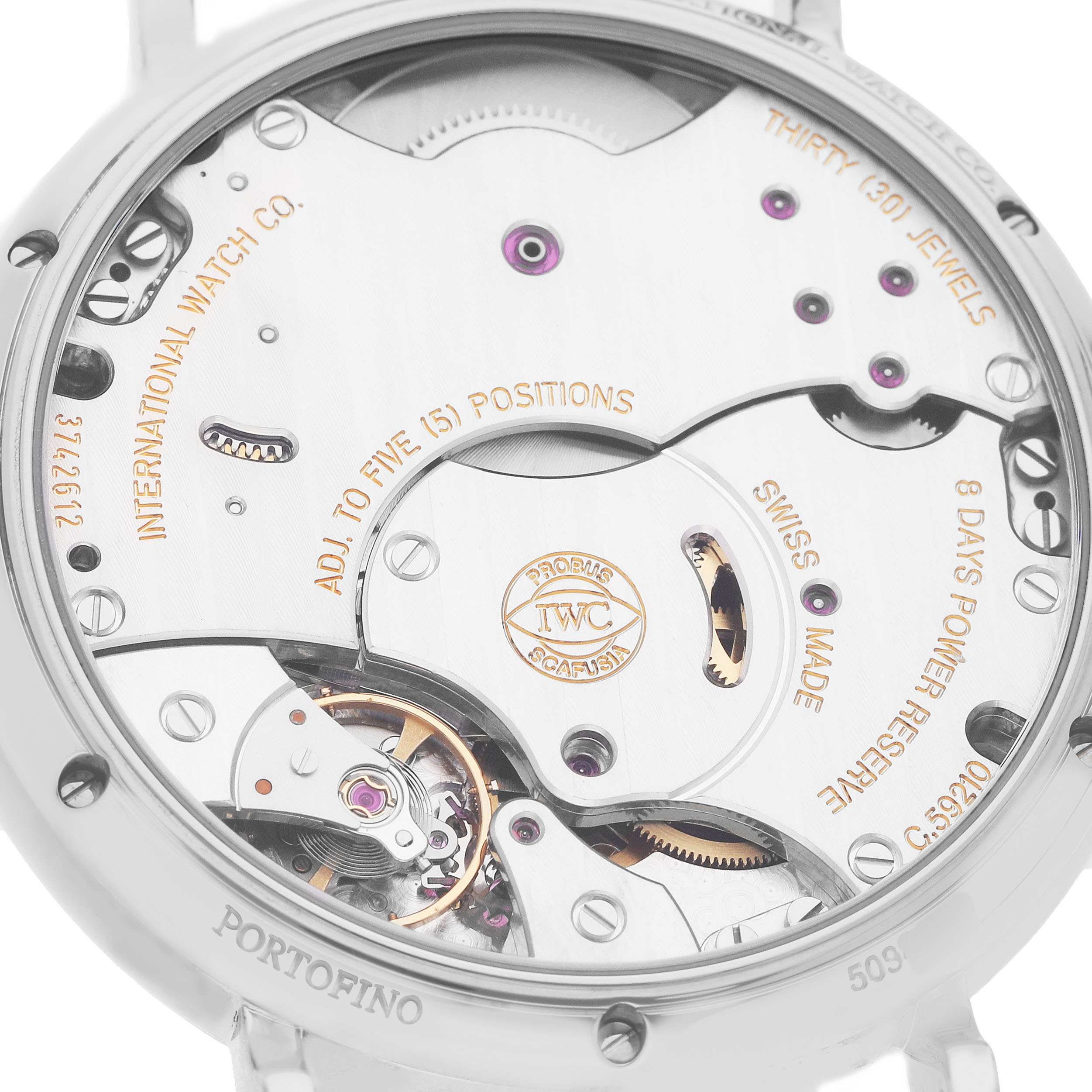 The image shows the back view of the IWC Portofino IW510102 Men's Stainless Steel Black Dial, highlighting its intricate movement and engravings.