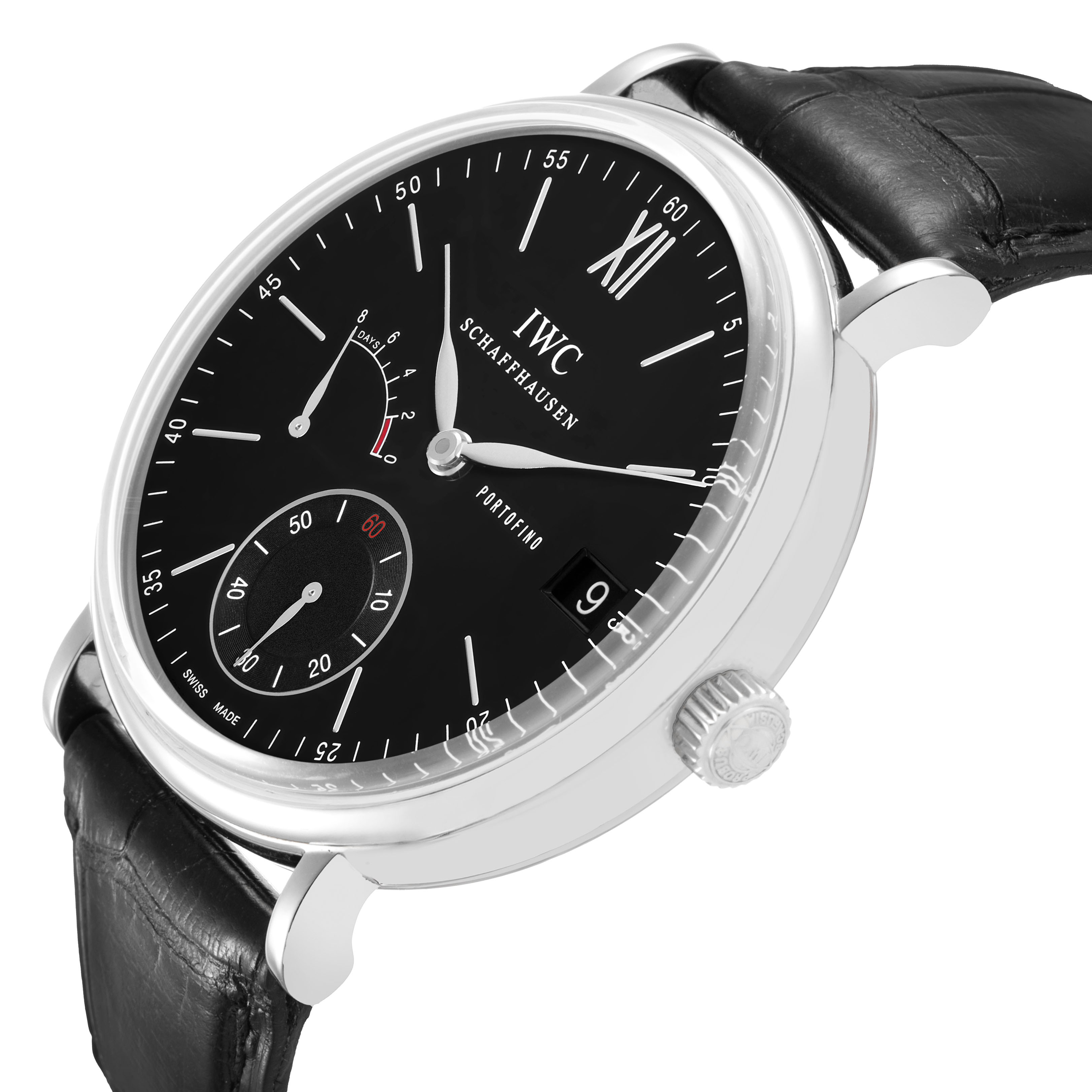The IWC Portofino IW510102 Men's Stainless Steel Black Dial watch is shown from a slightly angled side view, highlighting the dial, case, crown, and black leather strap.