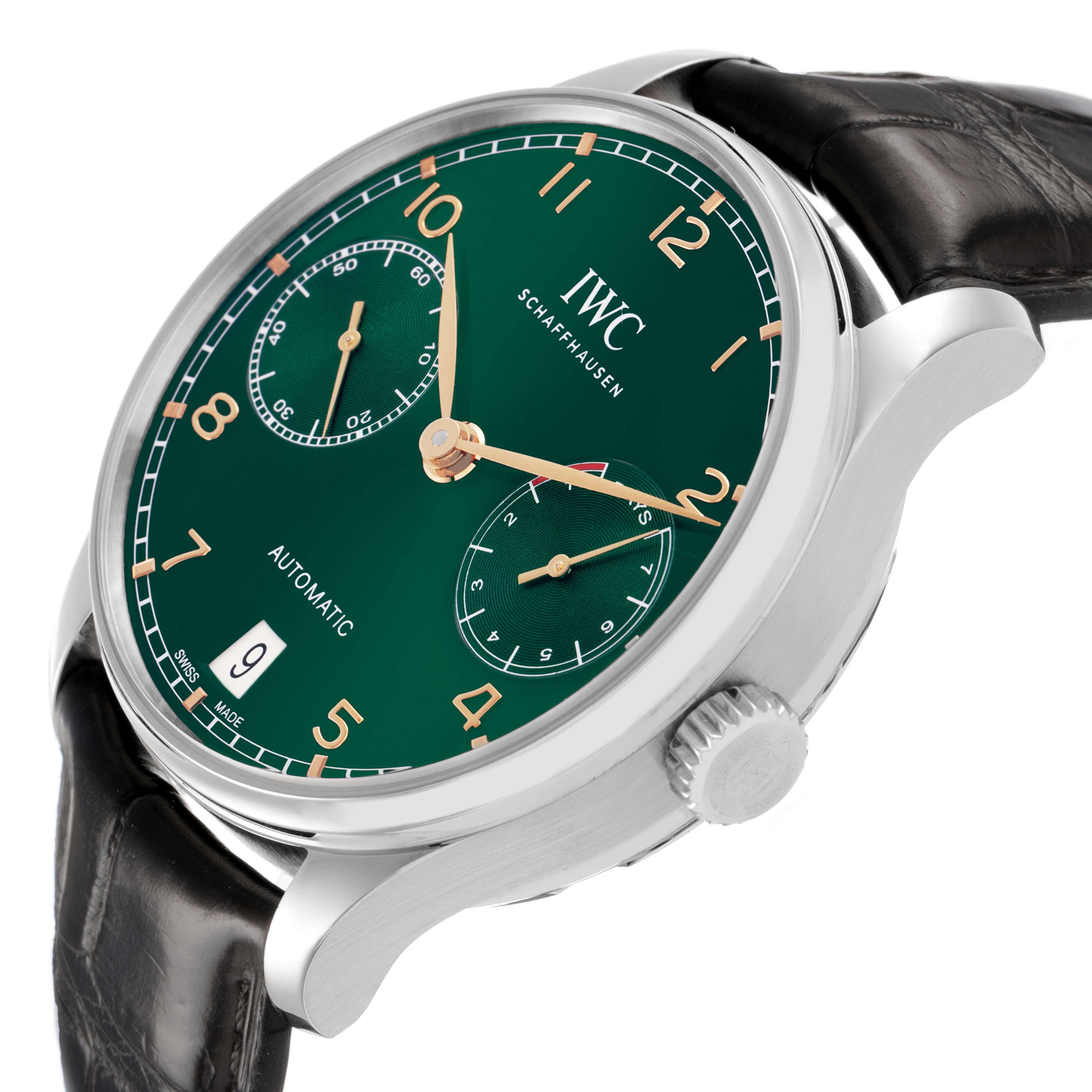 The IWC Portuguese IW500708 Men's Stainless Steel Green Dial watch is shown at a three-quarter angle highlighting the green dial, gold numerals, and side crown.