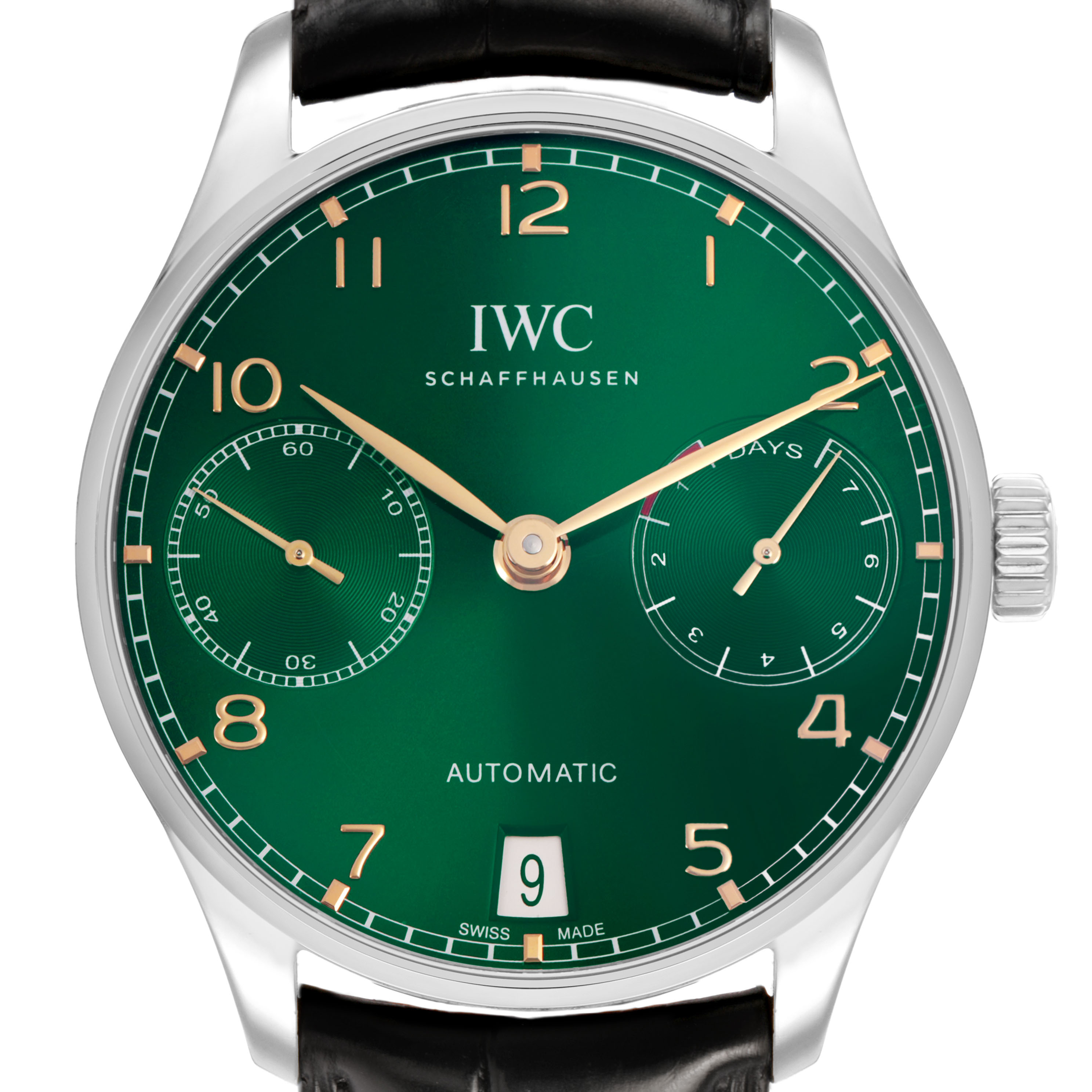 The IWC Portuguese IW500708 Men's Stainless Steel Green Dial watch is shown from a front angle, highlighting its green dial and subdials, with the strap partially visible.
