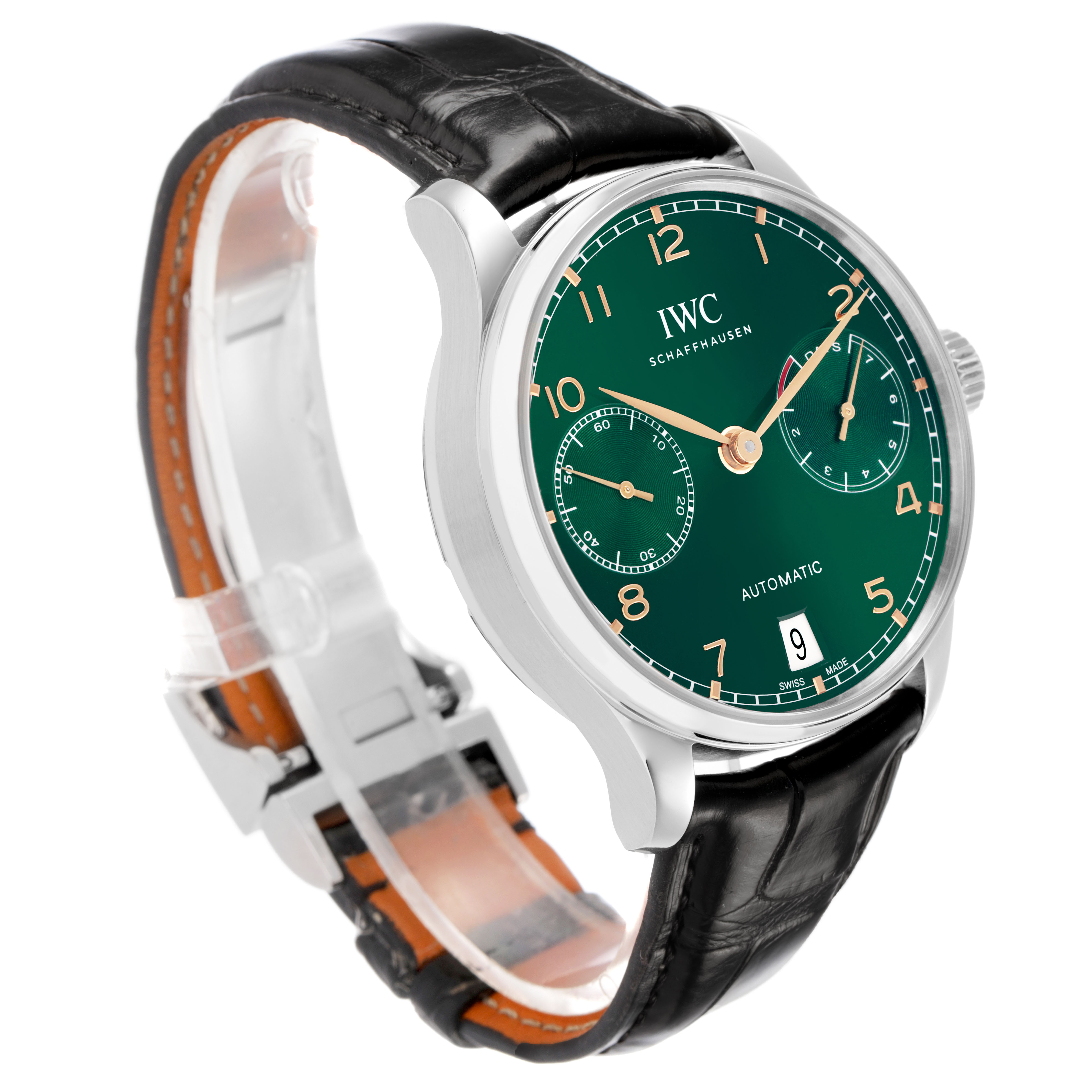 The IWC Portuguese IW500708 Men's Stainless Steel Green Dial watch is shown at an angle highlighting the green dial, subdials, and black leather strap.