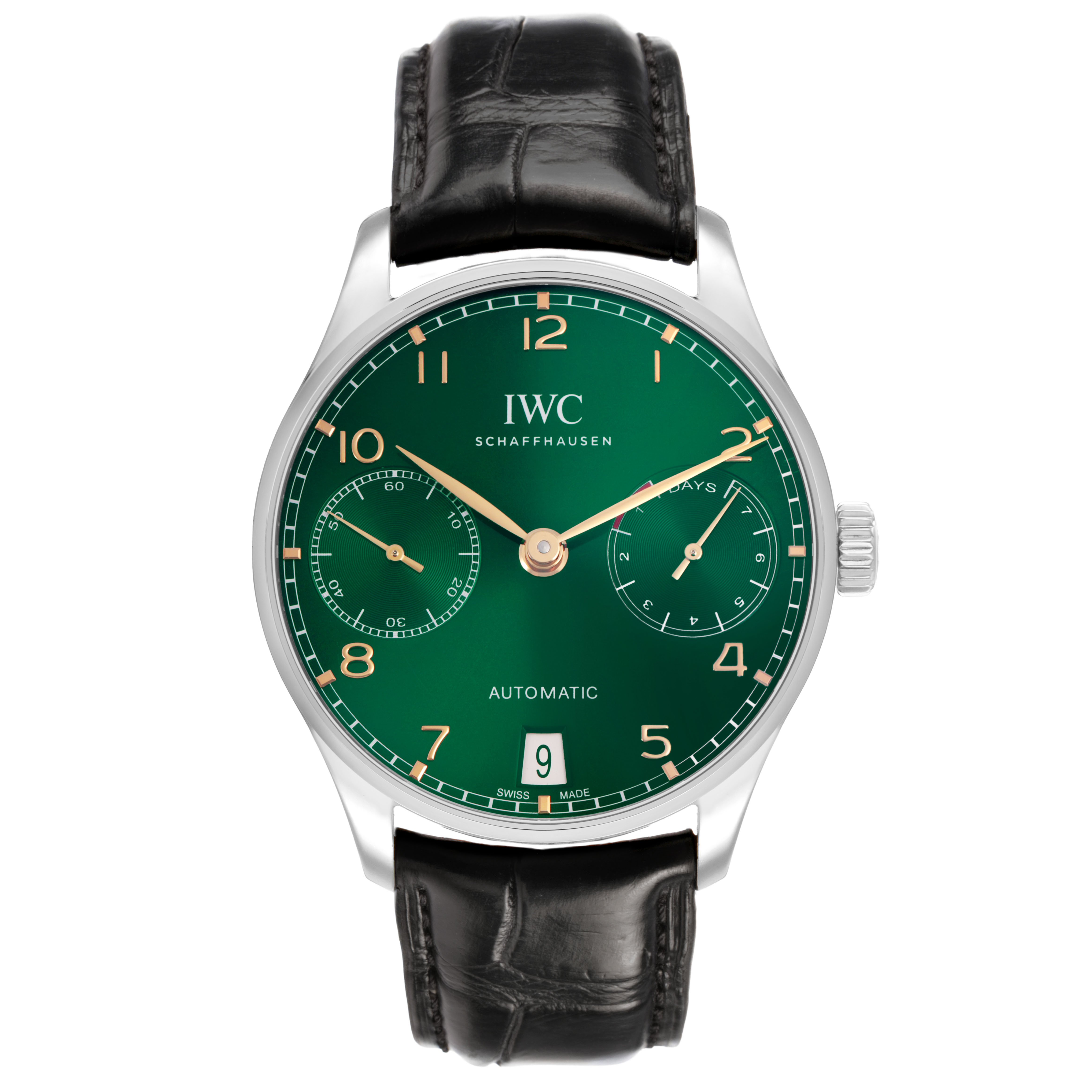 The IWC Portuguese IW500708 Men's Stainless Steel Green Dial watch is shown from a front angle, highlighting the green dial, hands, subdials, and black leather strap.