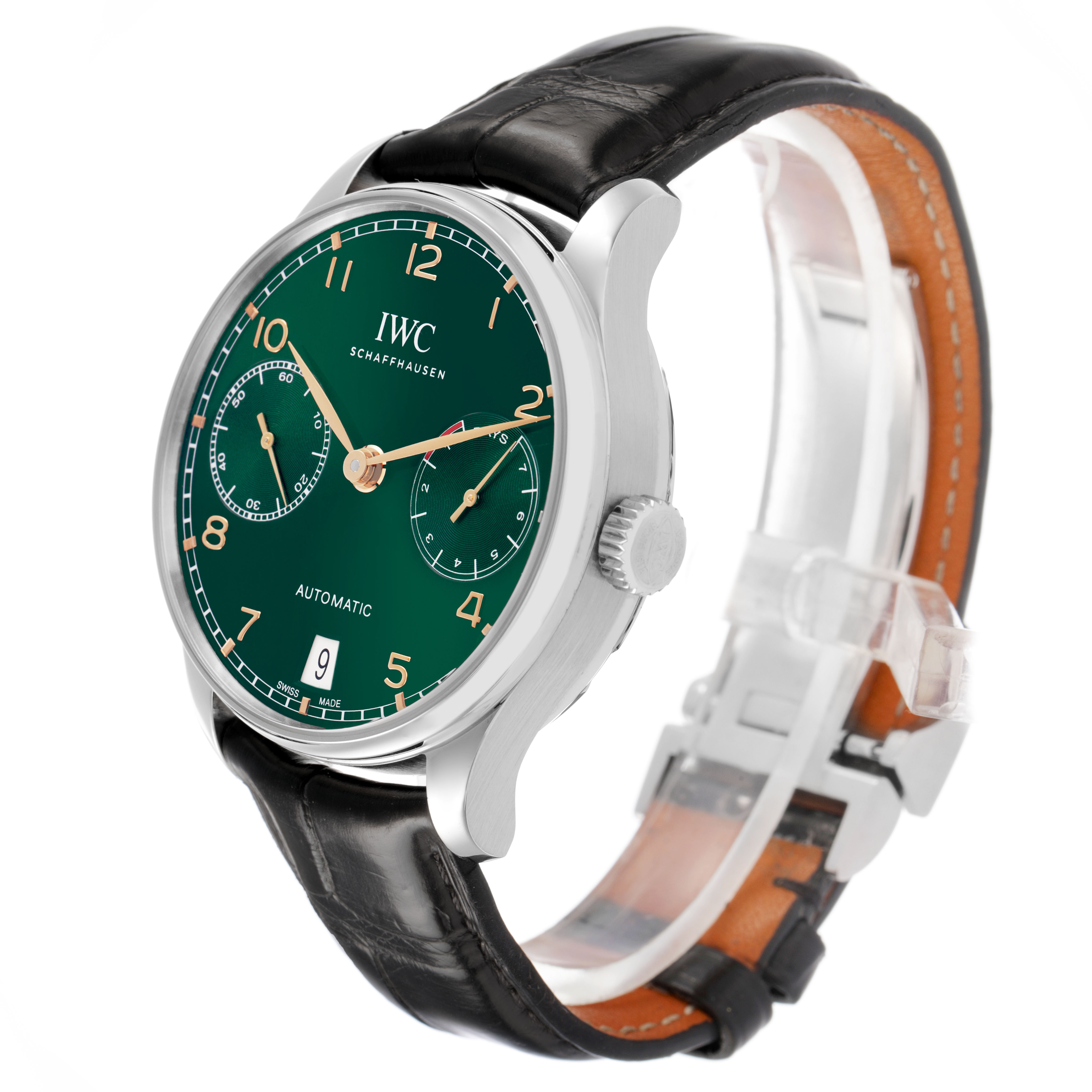 The IWC Portuguese IW500708 Men's Stainless Steel Green Dial watch is shown at a side angle, highlighting the dial, case, crown, and leather strap.