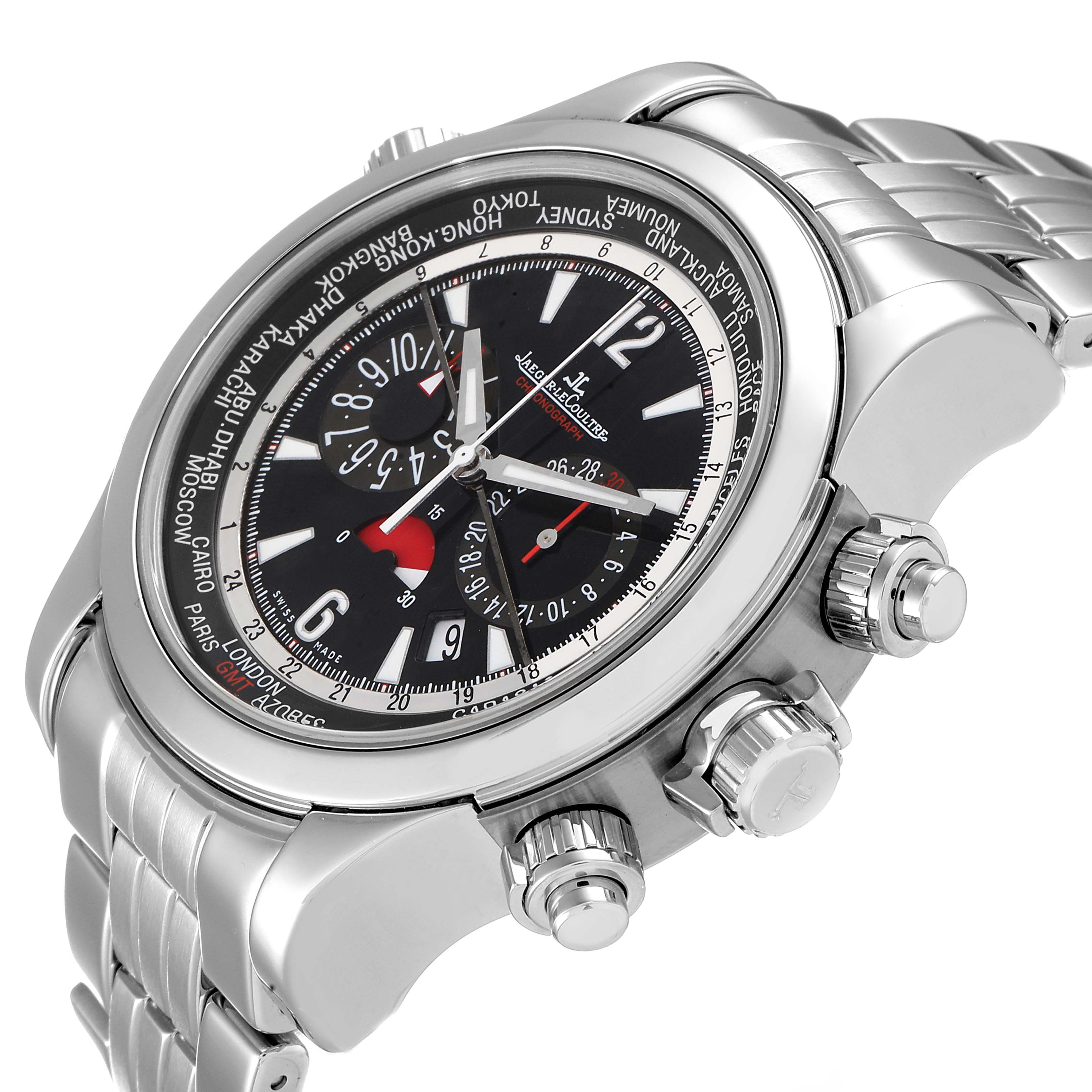 The image shows a Jaeger LeCoultre Master Q1768170 Men
s Stainless Steel Black Dial Q1768170 Men
s Stainless Steel Black Dial model watch from a three-quarter angle, highlighting its dial, bezel, and bracelet.