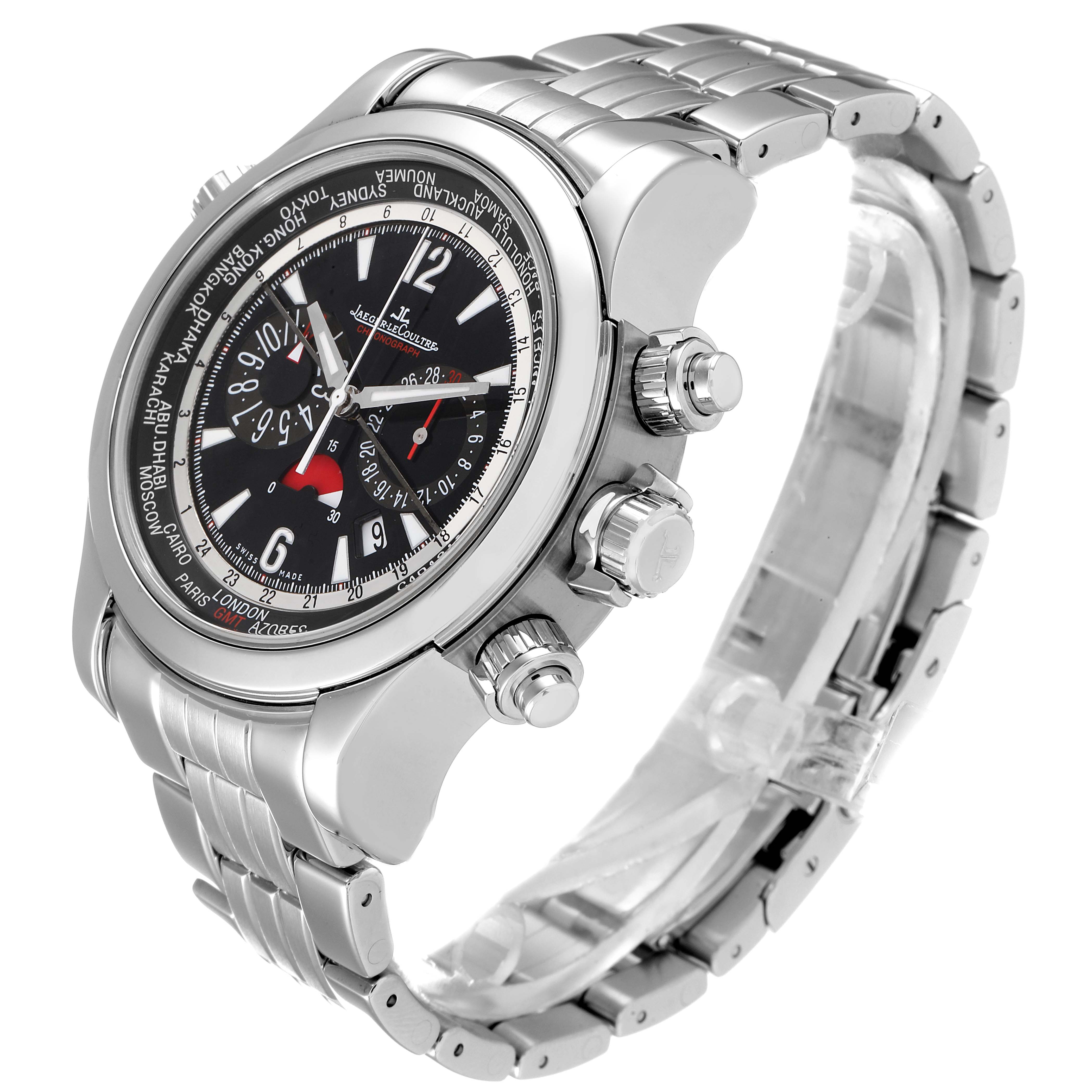 The image shows a Jaeger LeCoultre Master Q1768170 Men
s Stainless Steel Black Dial Q1768170 Men
s Stainless Steel Black Dial model watch from a side angle highlighting the face, dials, and metal bracelet.