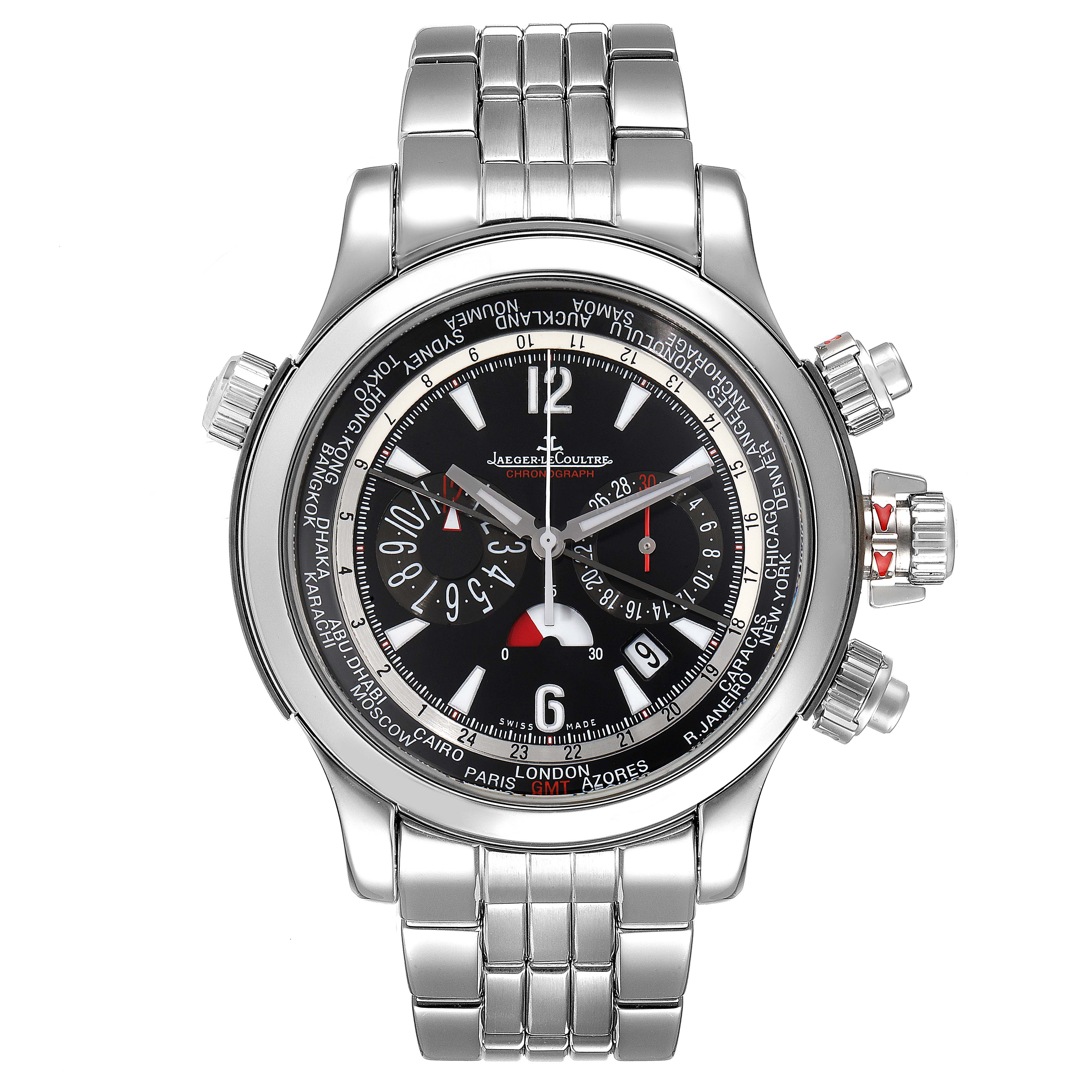 The Jaeger-LeCoultre Master model watch is shown from a front angle, displaying the dial, bezel, buttons, and metal bracelet.