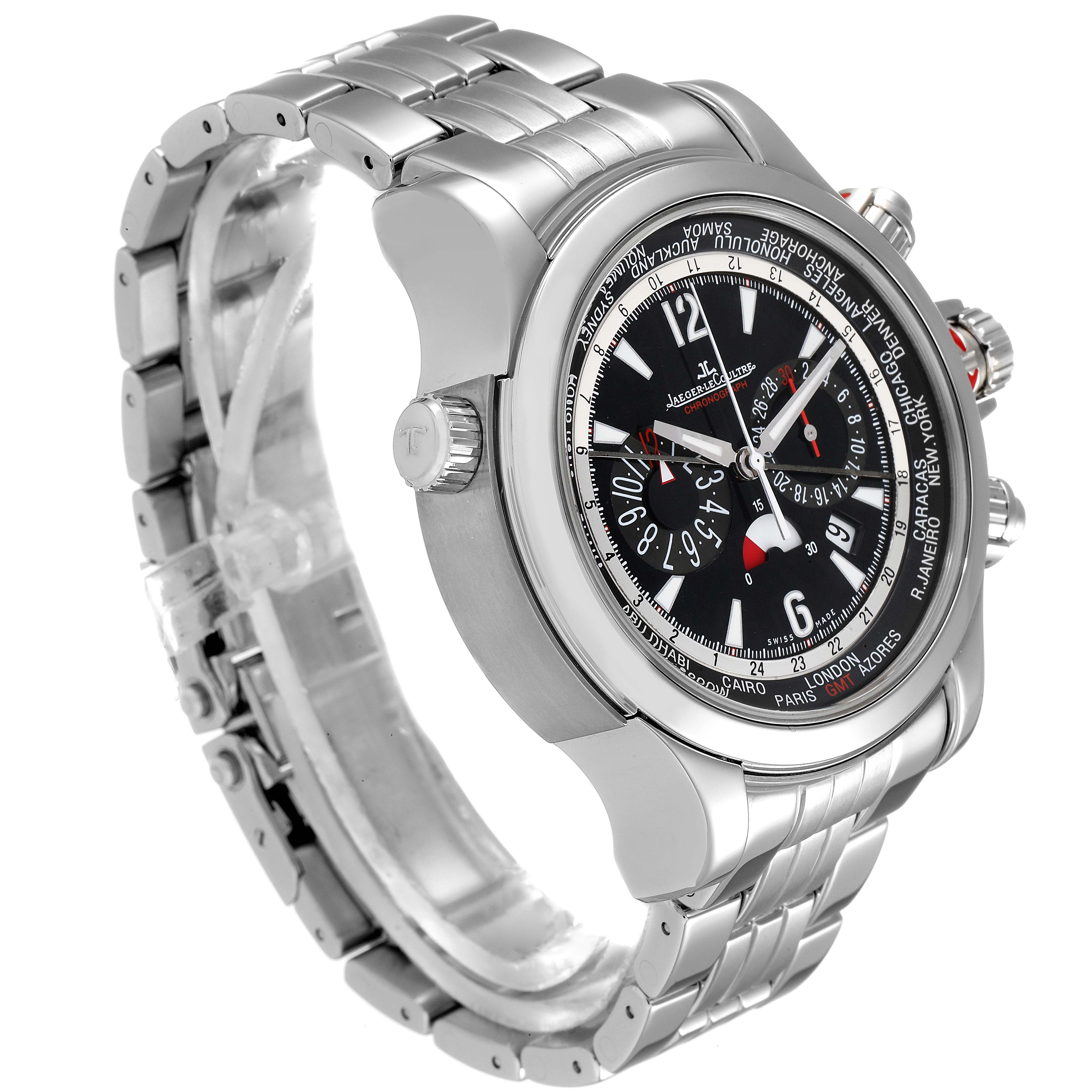 The image shows a side angle of the Jaeger LeCoultre Master Q1768170 Men
s Stainless Steel Black Dial Q1768170 Men
s Stainless Steel Black Dial model watch, displaying its stainless steel band and detailed watch face.