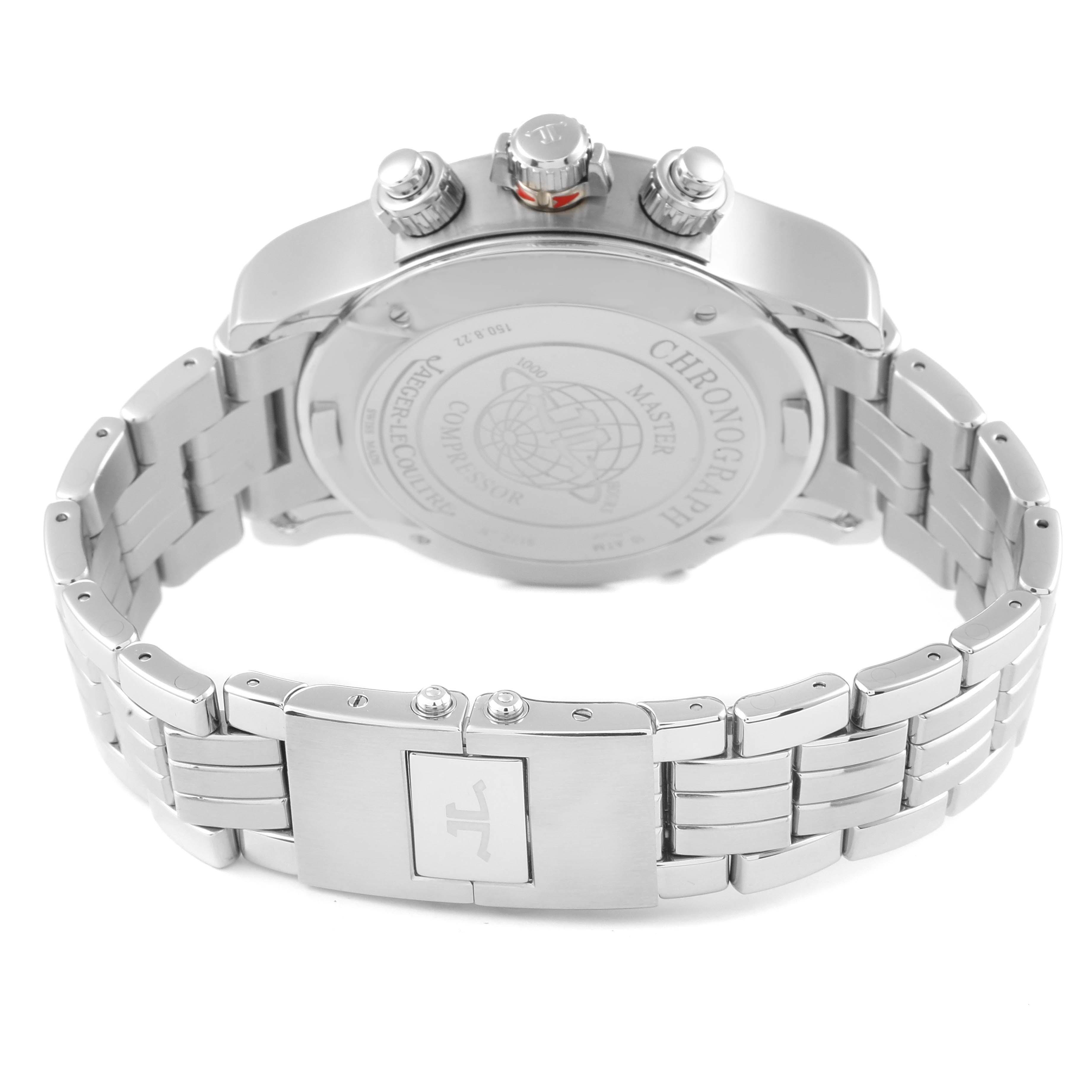 This image shows a rear view of the Jaeger LeCoultre Master Q1768170 Men
s Stainless Steel Black Dial Q1768170 Men
s Stainless Steel Black Dial watch, highlighting the case back, crown, and bracelet clasp.