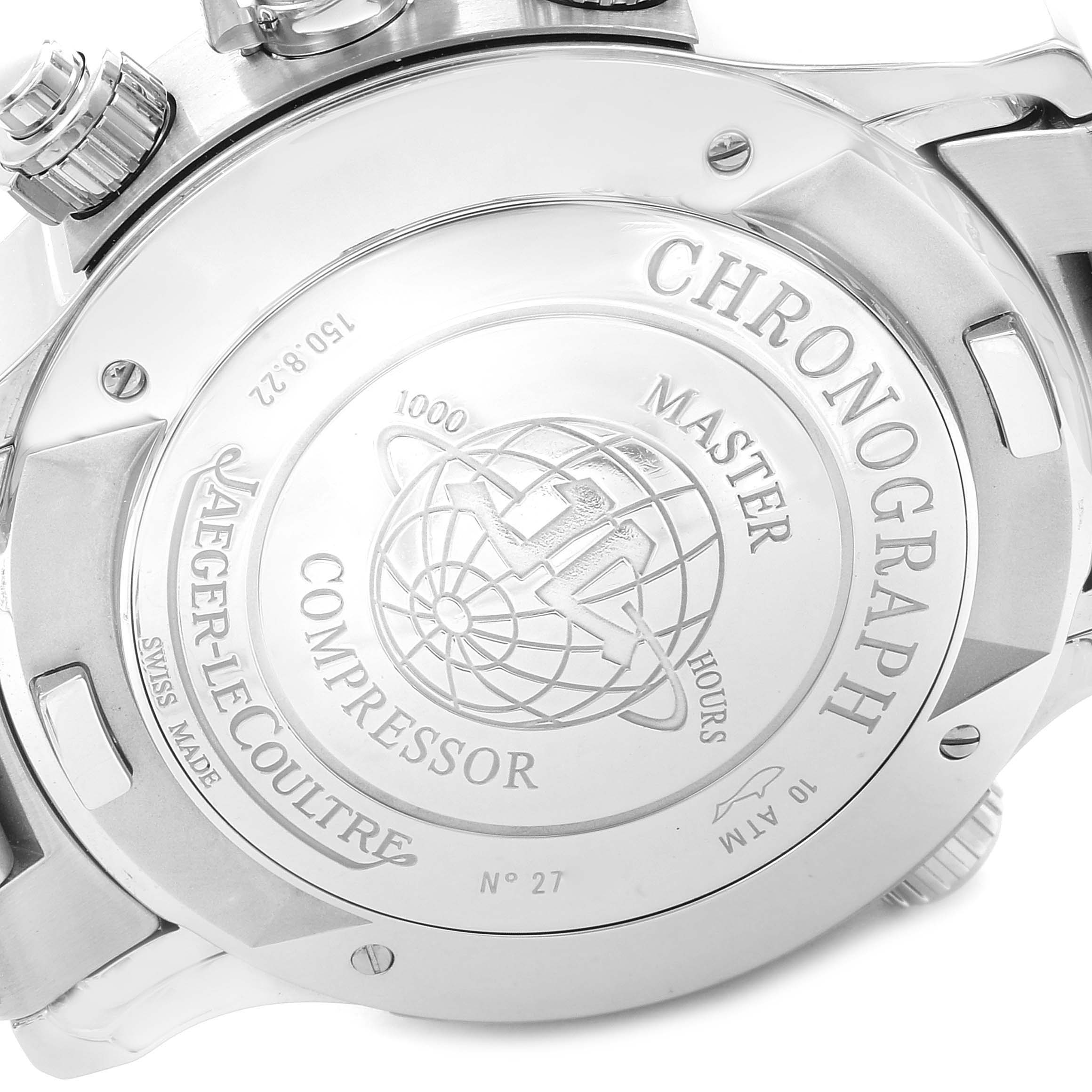 The image shows the back case of the Jaeger LeCoultre Master Q1768170 Men
s Stainless Steel Black Dial Q1768170 Men
s Stainless Steel Black Dial Compressor Chronograph watch, displaying intricate engravings.