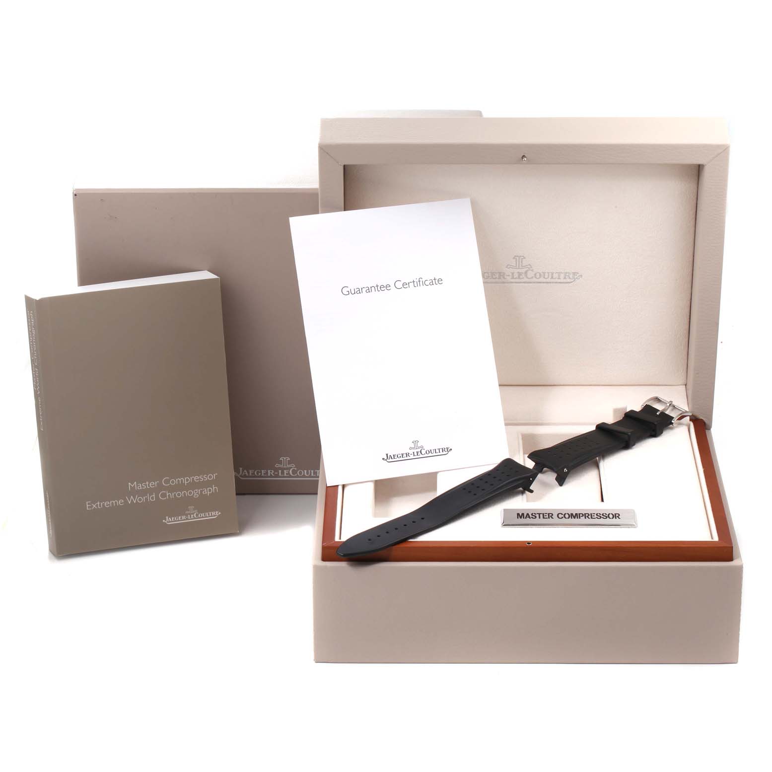 The image shows the box, manual, guarantee certificate, and an extra strap for the Jaeger LeCoultre Master Q1768170 Men
s Stainless Steel Black Dial Q1768170 Men
s Stainless Steel Black Dial Compressor watch.
