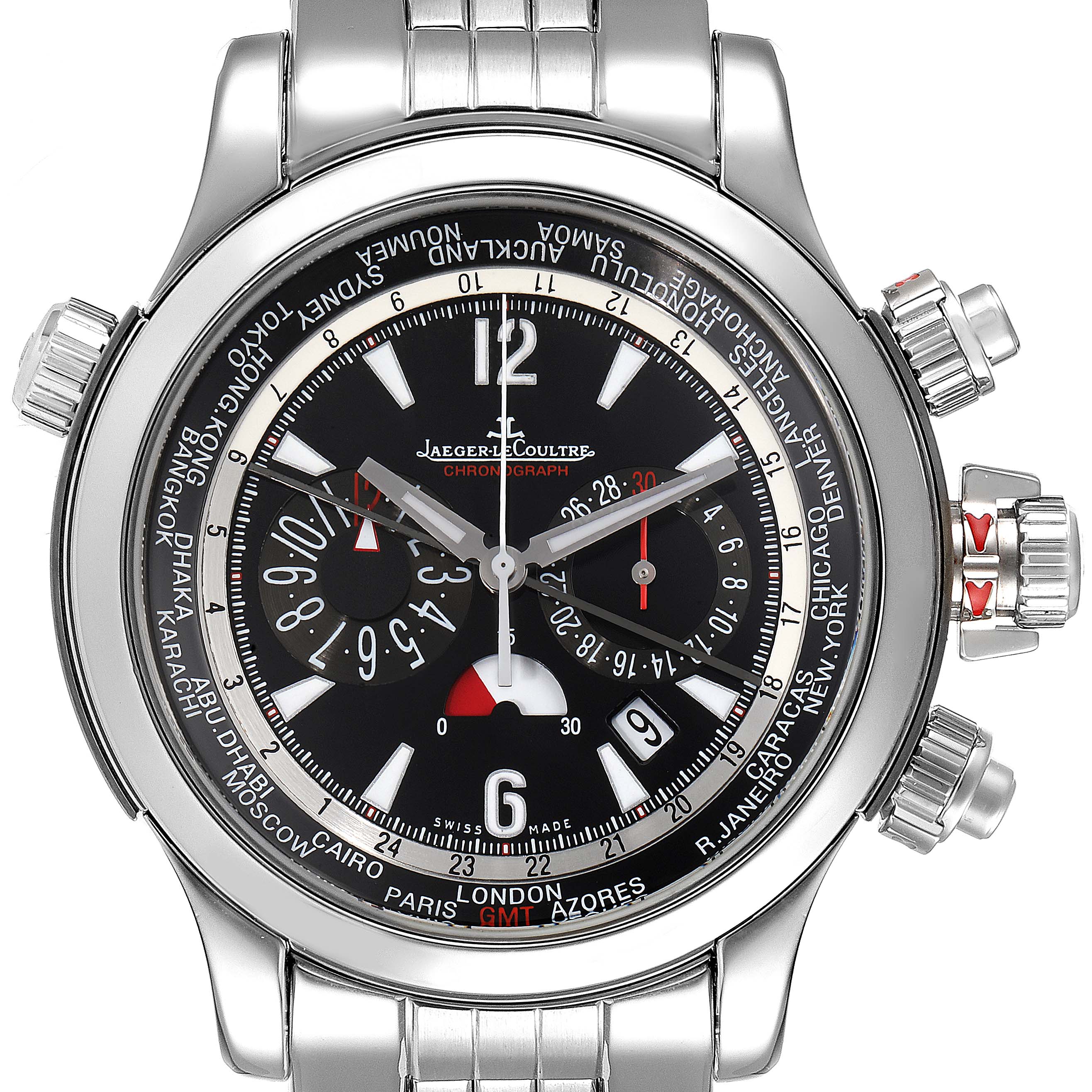 The image shows a front view of the Jaeger LeCoultre Master Q1768170 Men
s Stainless Steel Black Dial Q1768170 Men
s Stainless Steel Black Dial watch, emphasizing its dial, bezel, and crown.