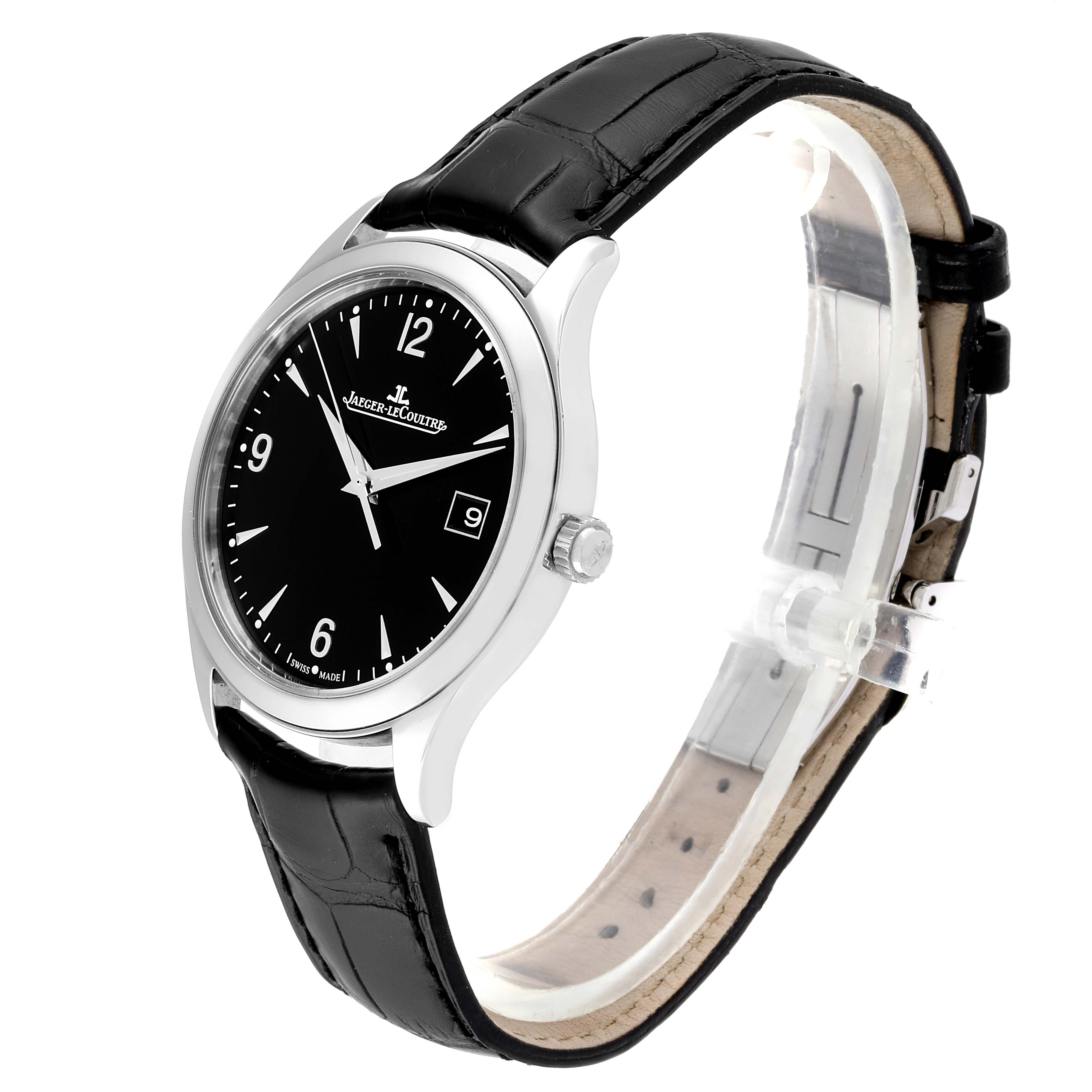 This is a side-angle view of a Jaeger LeCoultre Master Q1548470 Men's Stainless Steel Black Dial Q1548470 Men's Stainless Steel Black Dial model watch, showing the face, bezel, crown, and black leather strap.