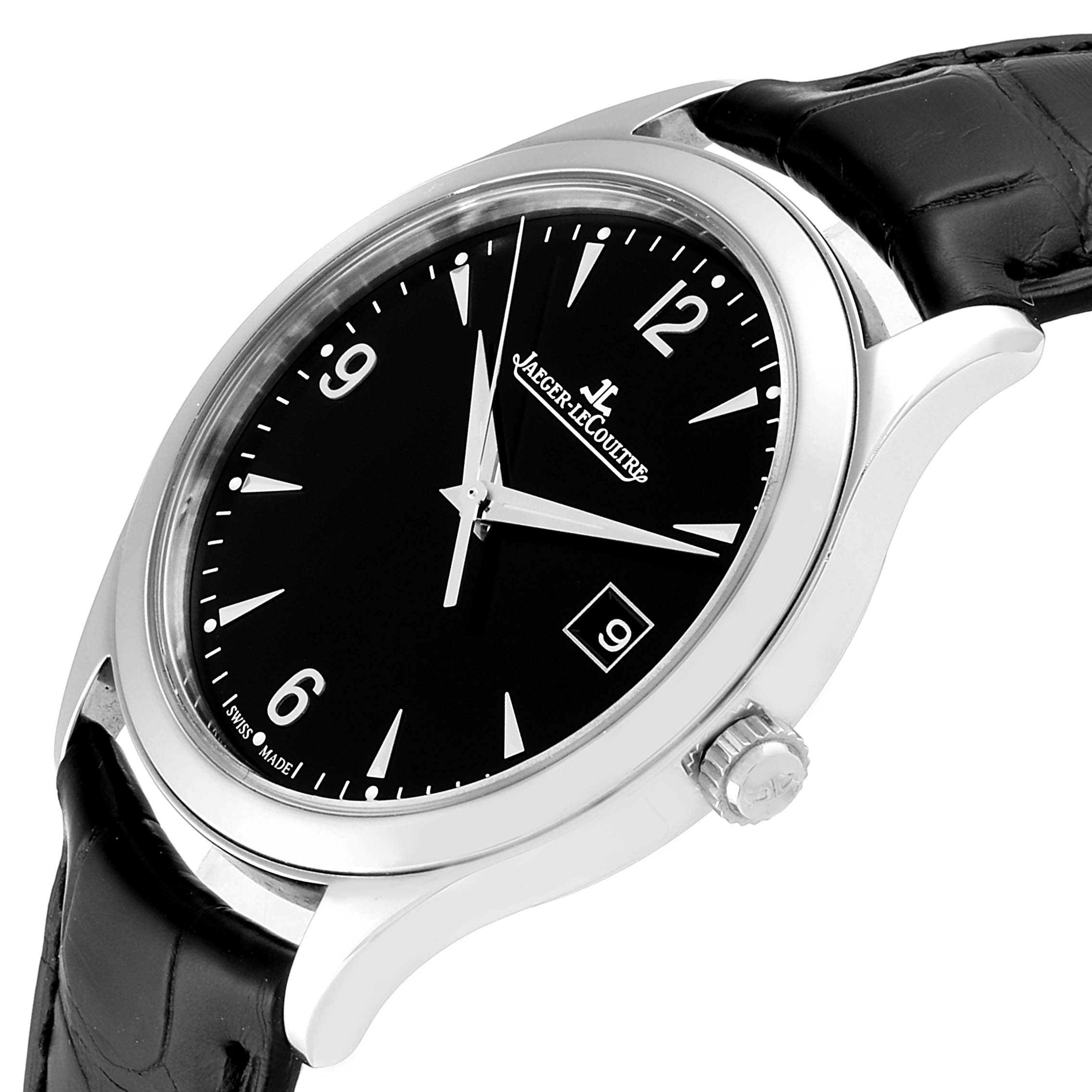 The Jaeger LeCoultre Master Q1548470 Men's Stainless Steel Black Dial Q1548470 Men's Stainless Steel Black Dial model is shown at a slight side angle, highlighting the black dial, silver case, and leather strap.