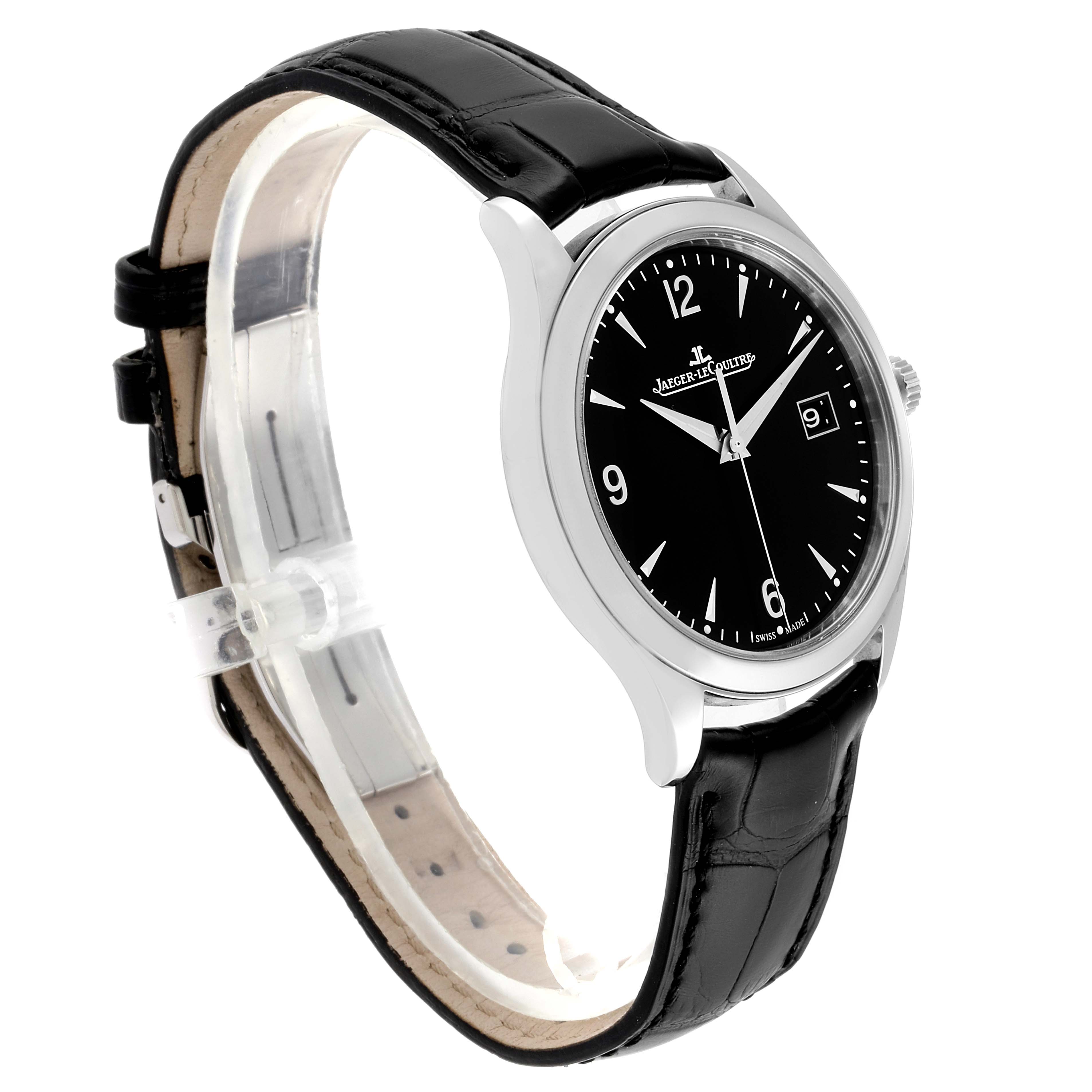 This image shows a Jaeger-LeCoultre Master model watch from a side angle, highlighting its black leather strap and black dial.