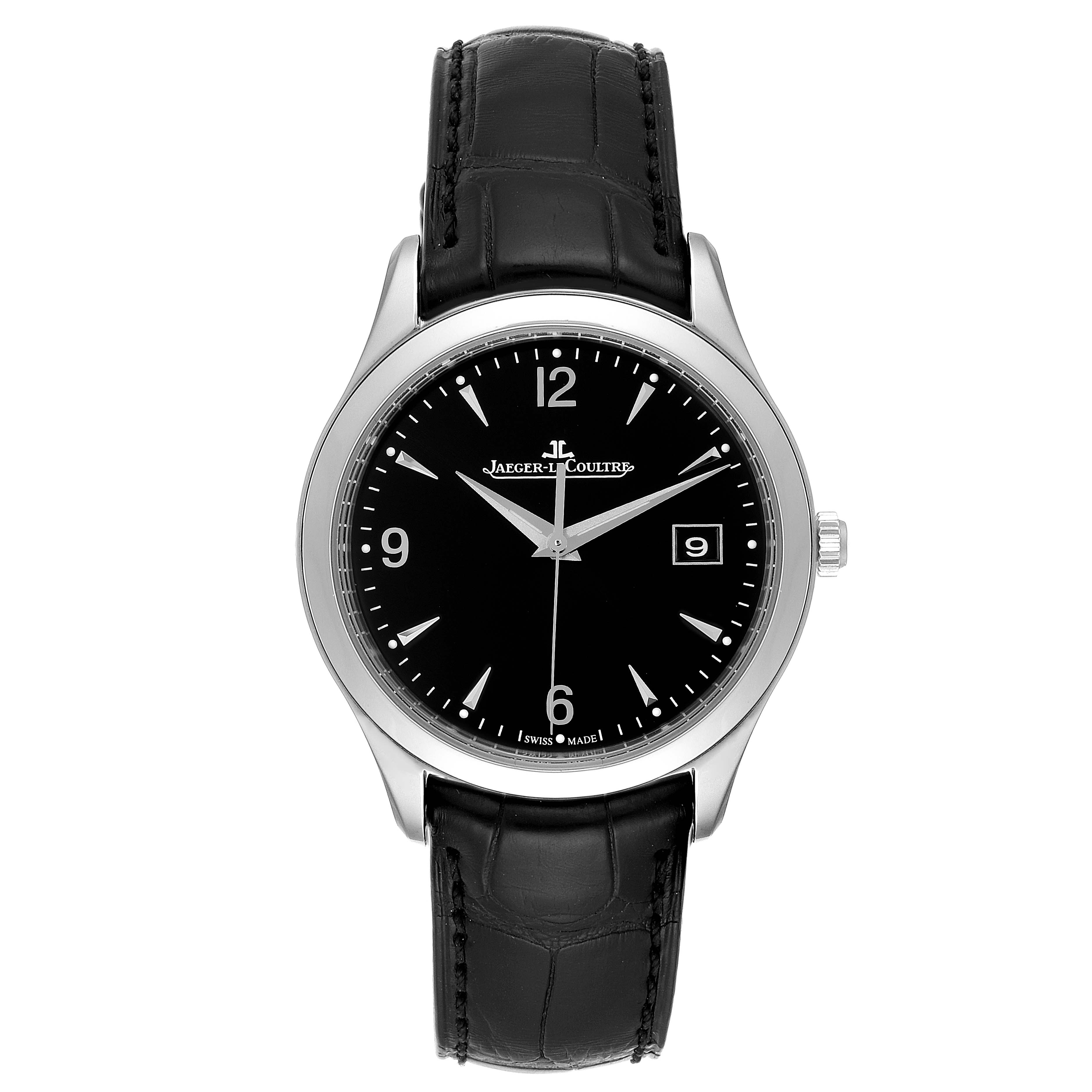 The image shows a front view of the Jaeger LeCoultre Master Q1548470 Men's Stainless Steel Black Dial Q1548470 Men's Stainless Steel Black Dial model watch, highlighting the face, crown, and leather strap.