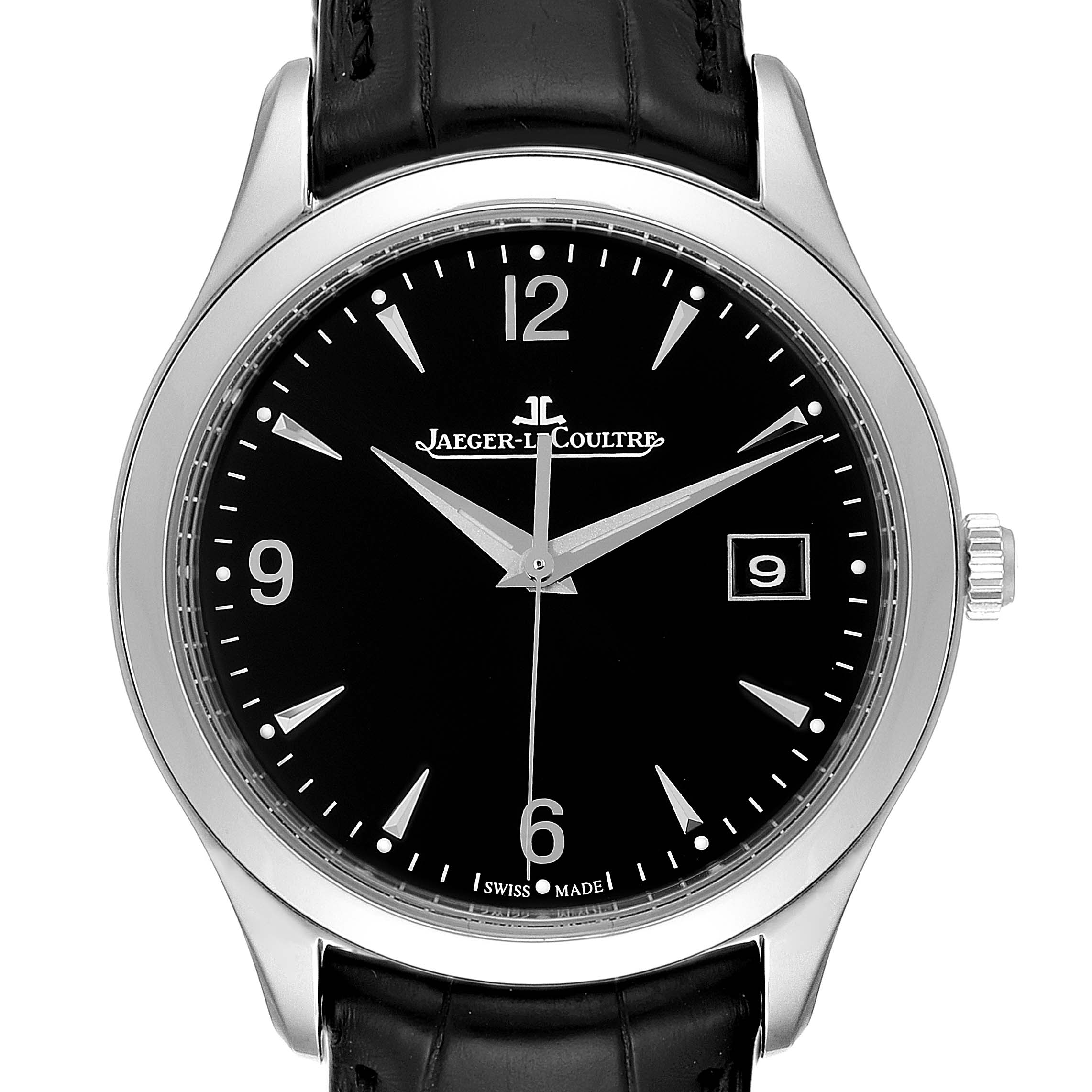 This image shows a front view of the Jaeger LeCoultre Master Q1548470 Men's Stainless Steel Black Dial Q1548470 Men's Stainless Steel Black Dial model watch, highlighting the dial, hands, and date window.