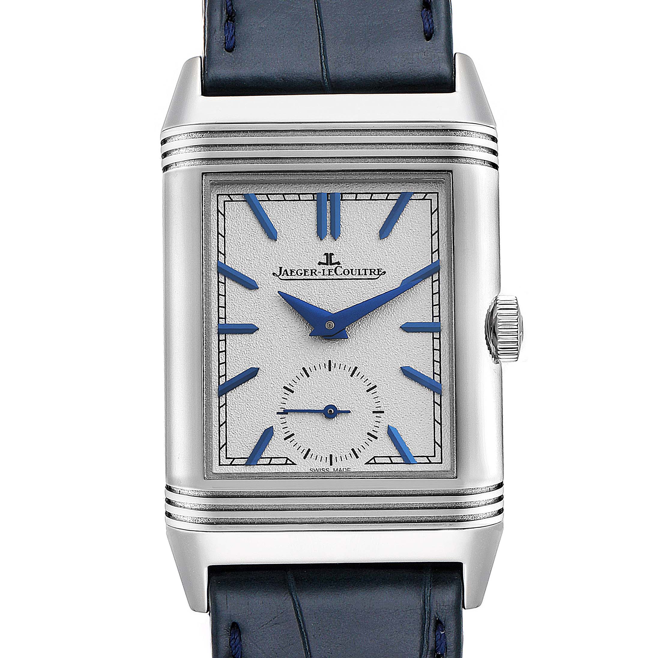 This image shows the front view of the Jaeger LeCoultre Reverso Q3908420 Men's Stainless Steel Silver Dial Q3908420 Men's Stainless Steel Silver Dial watch, highlighting its dial, hands, and crown.