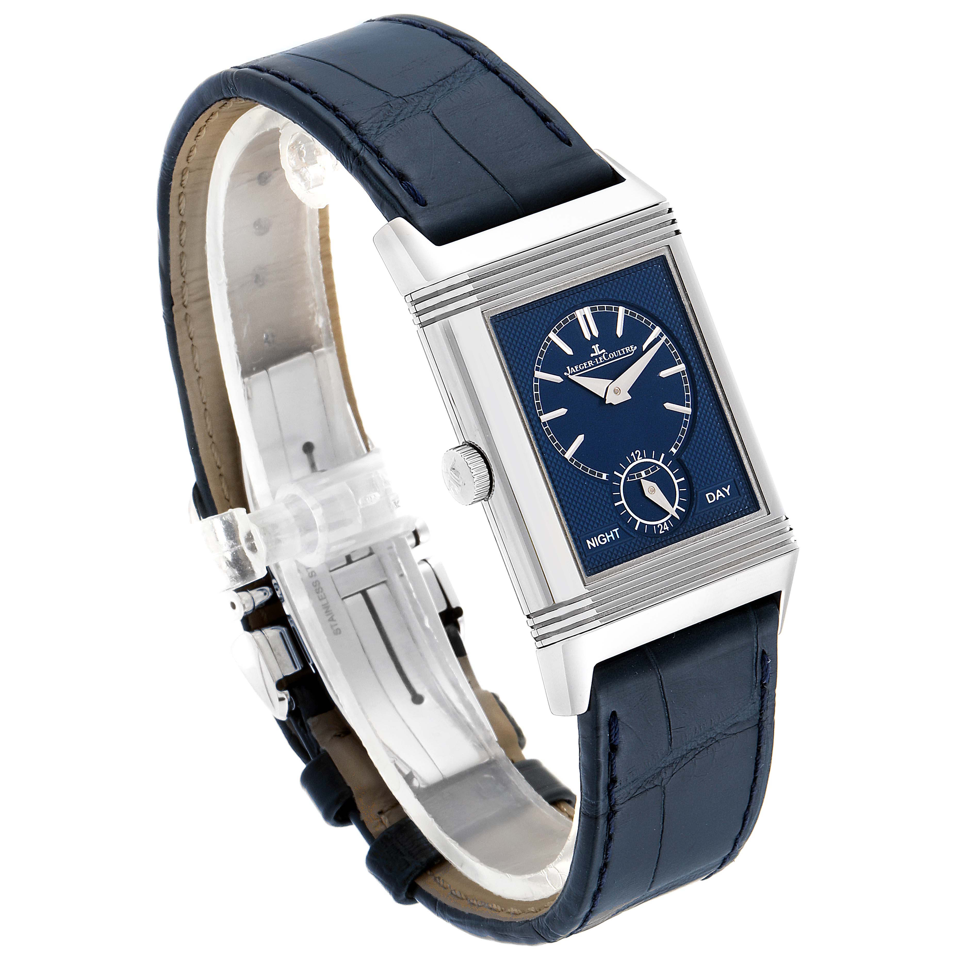 The Jaeger LeCoultre Reverso Q3908420 Men's Stainless Steel Silver Dial Q3908420 Men's Stainless Steel Silver Dial model watch is displayed at a three-quarter angle, showing the dial, case, and strap in detail.