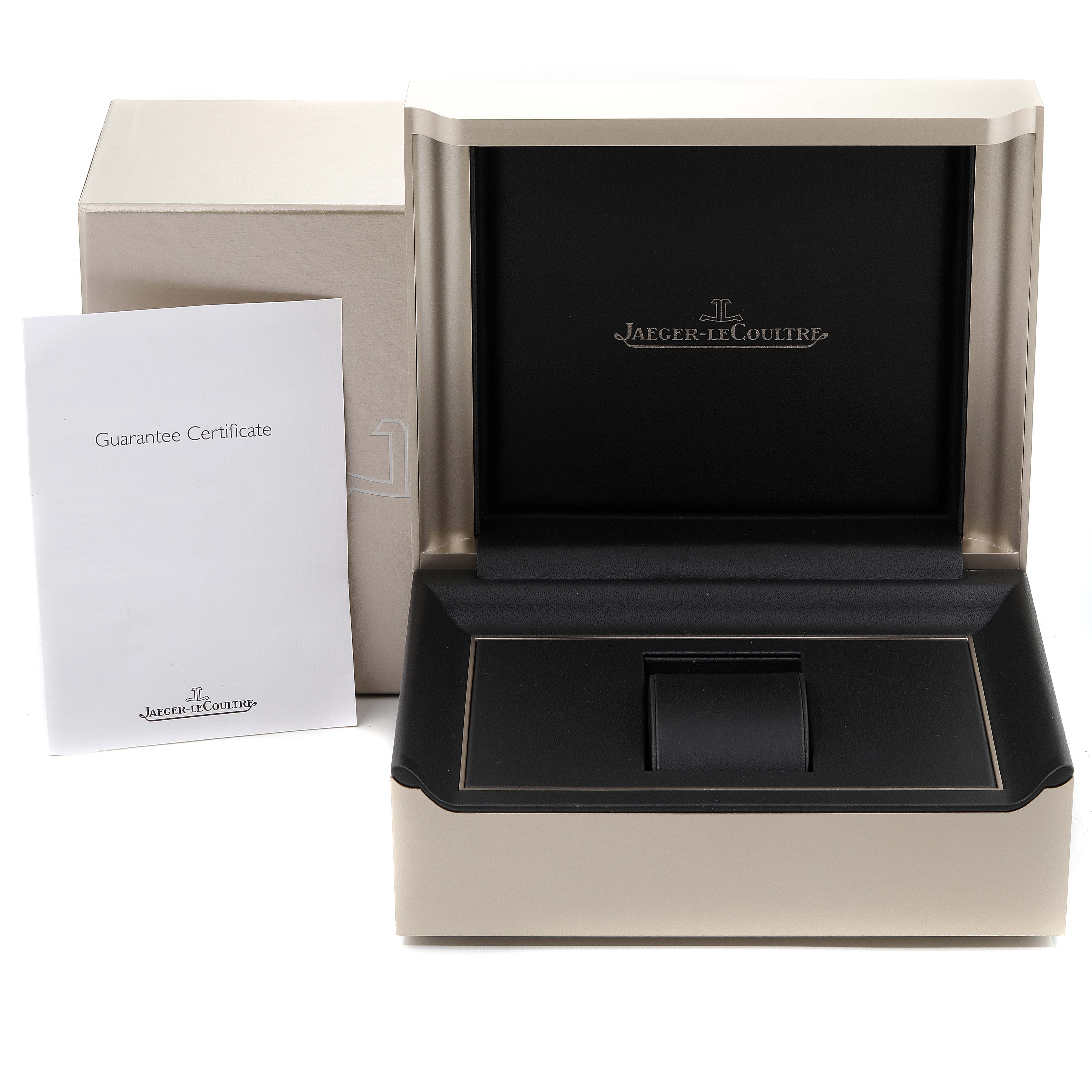 The image shows the Jaeger LeCoultre Reverso Q3908420 Men's Stainless Steel Silver Dial Q3908420 Men's Stainless Steel Silver Dial watch box, an outer box, and a guarantee certificate at a frontal angle.