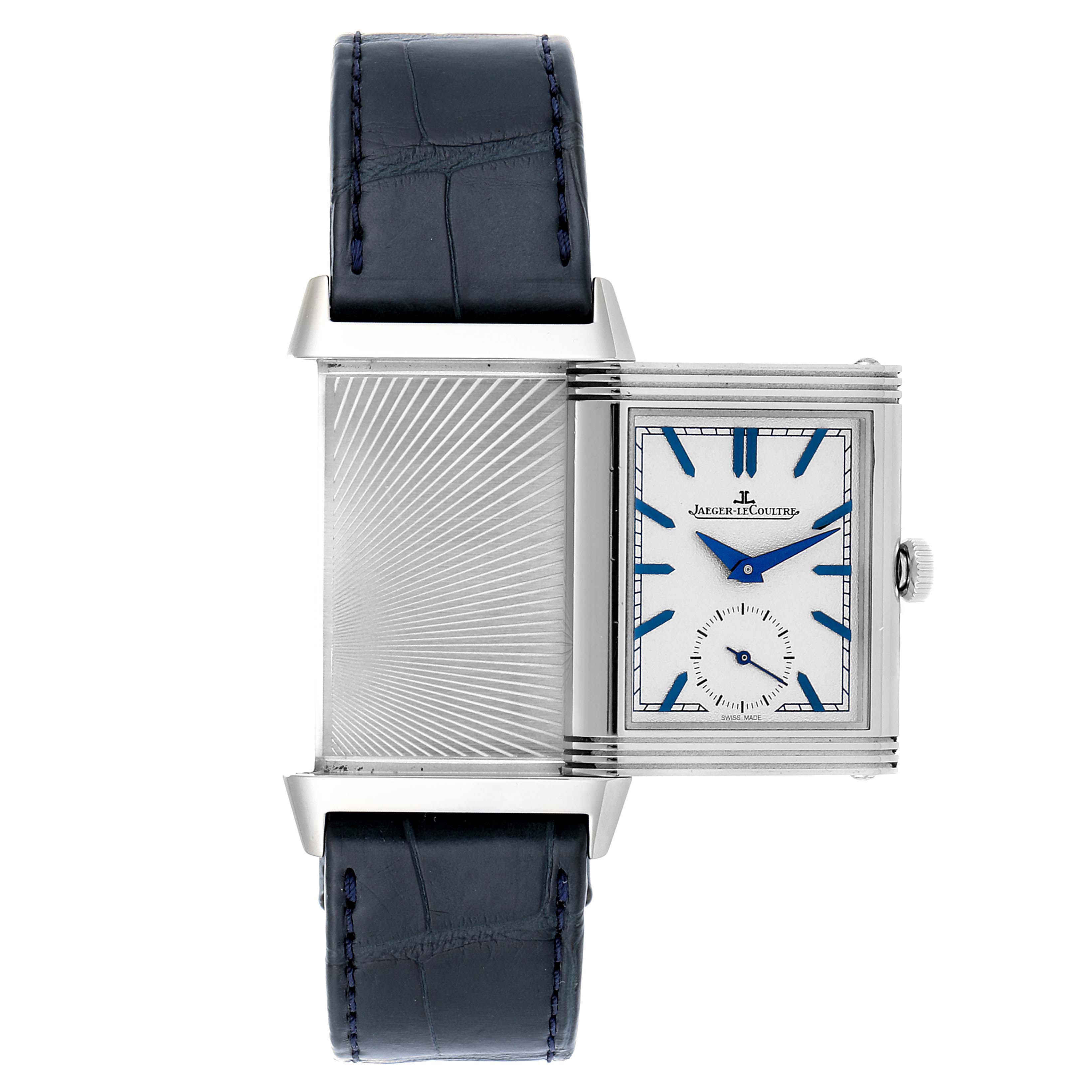 The image shows a Jaeger LeCoultre Reverso Q3908420 Men's Stainless Steel Silver Dial Q3908420 Men's Stainless Steel Silver Dial watch from a top-down angle, highlighting its reversible case and navy leather strap.