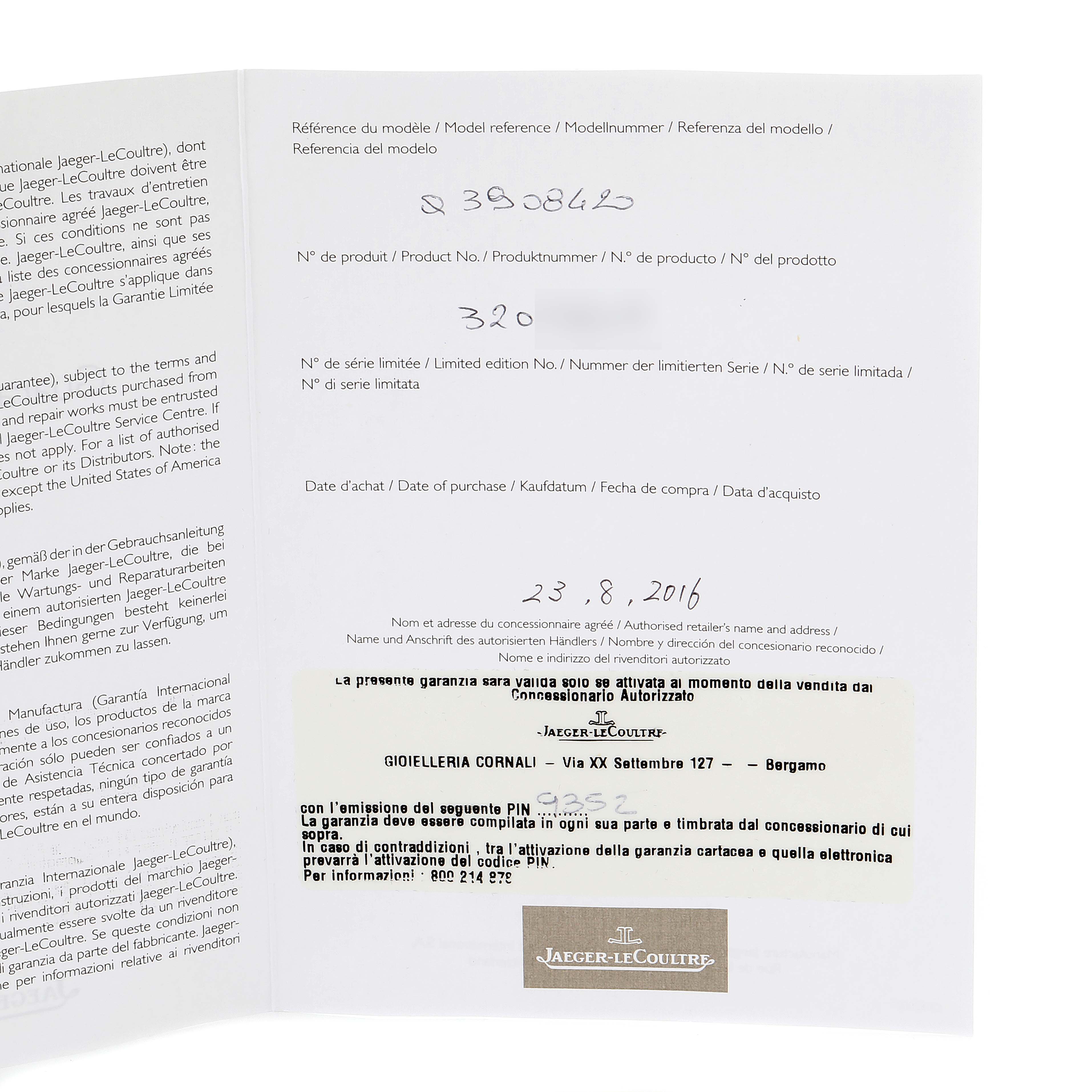 This image shows the warranty card and documentation for a Jaeger-LeCoultre Reverso watch, including purchase date and retailer information.