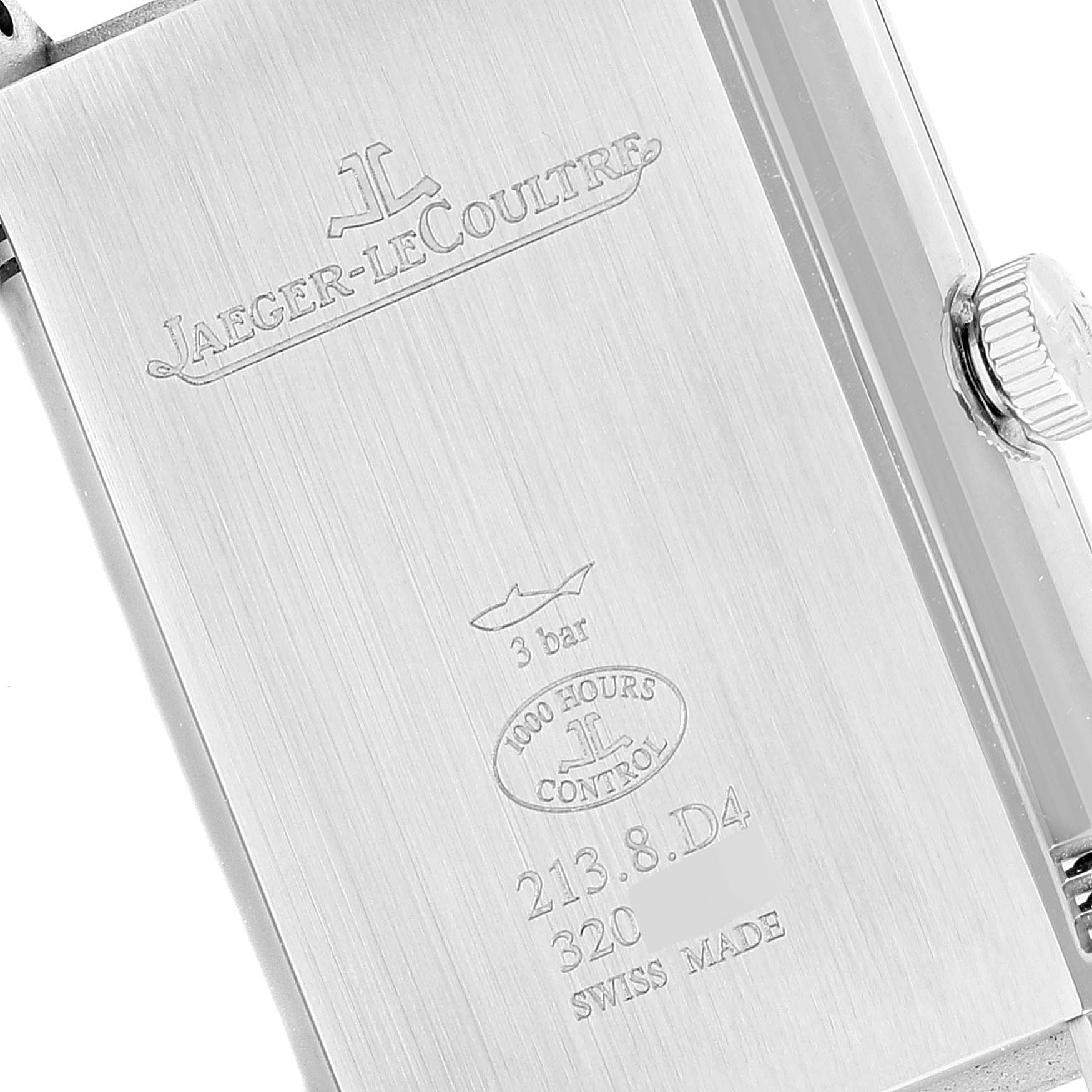 This image shows the case back and crown of a Jaeger LeCoultre Reverso Q3908420 Men's Stainless Steel Silver Dial Q3908420 Men's Stainless Steel Silver Dial watch, displaying engraving details.