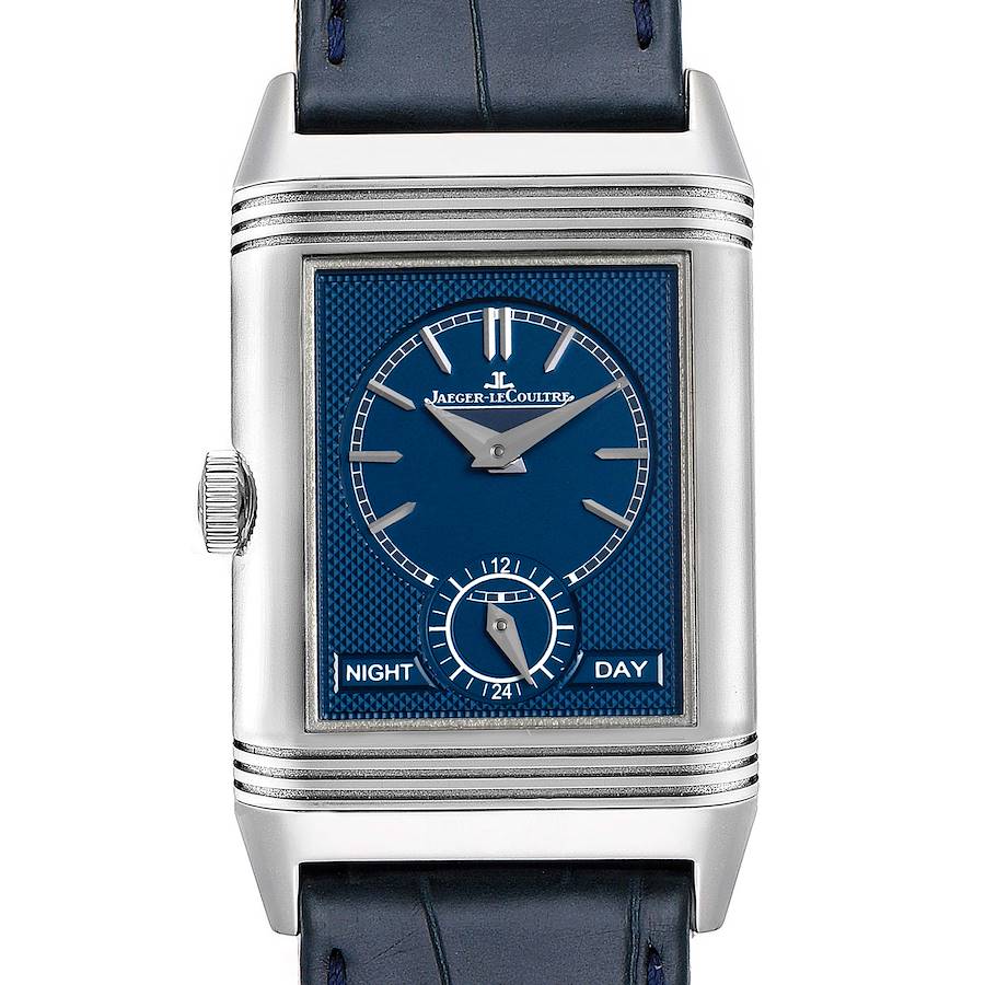 This image shows a front view of a Jaeger-LeCoultre Reverso watch, displaying the dial, hands, and day-night indicator.