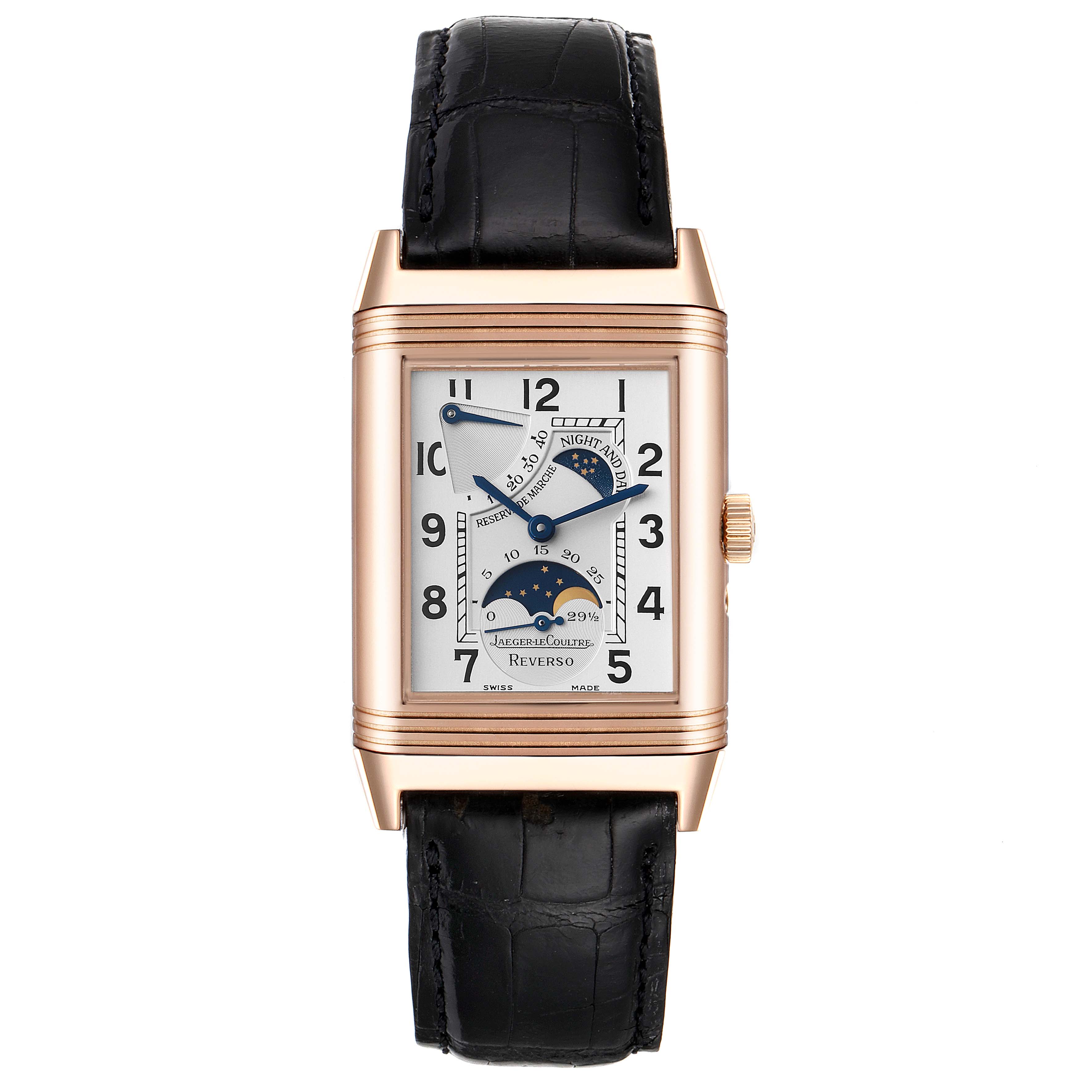 The image shows a Jaeger-LeCoultre Reverso watch from a front angle, displaying its rectangular dial and black leather strap.