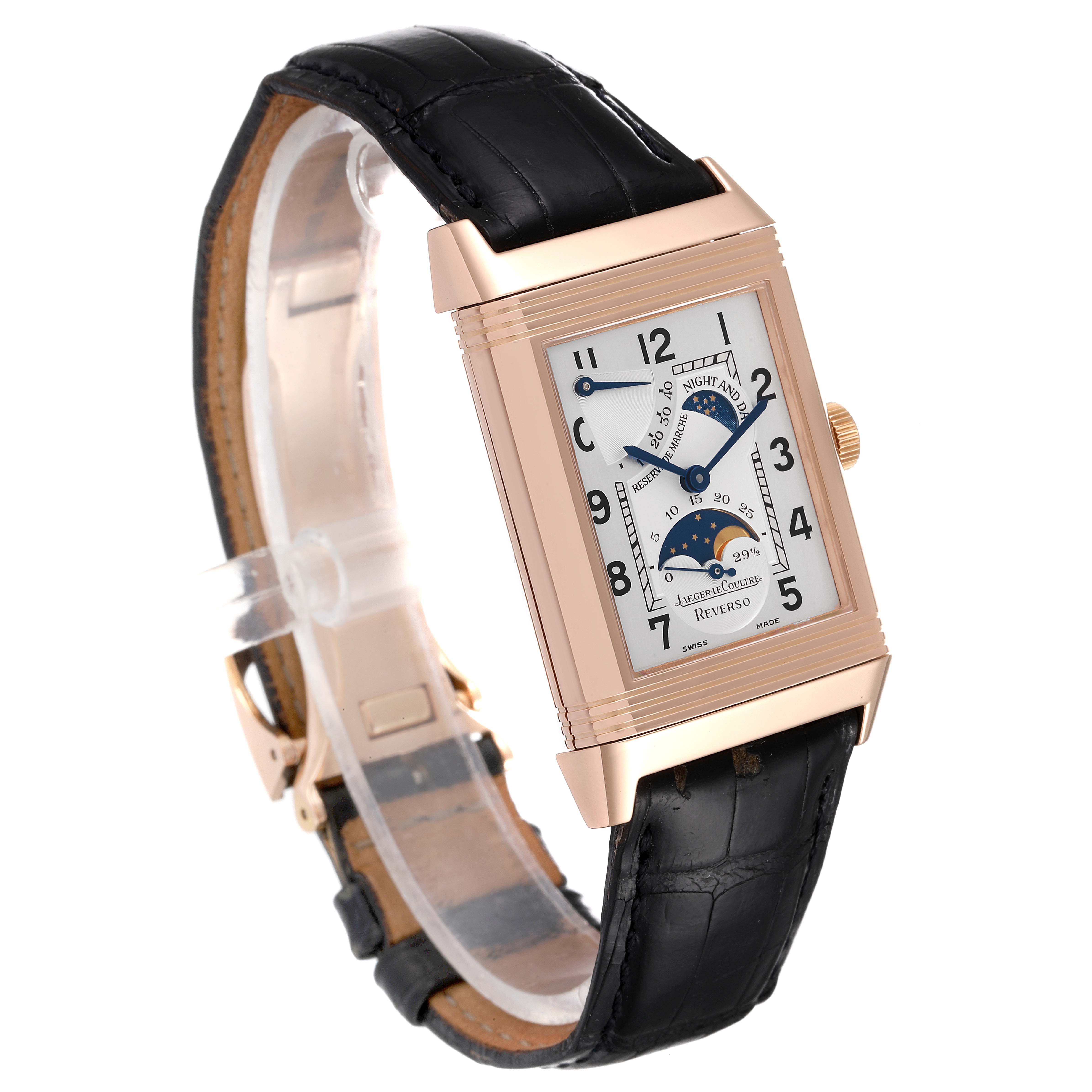 The Jaeger LeCoultre Reverso Q2752420 Men
s Rose Gold Silver Dial Q2752420 Men
s Rose Gold Silver Dial watch is shown at an angle highlighting the dial and the black leather strap.