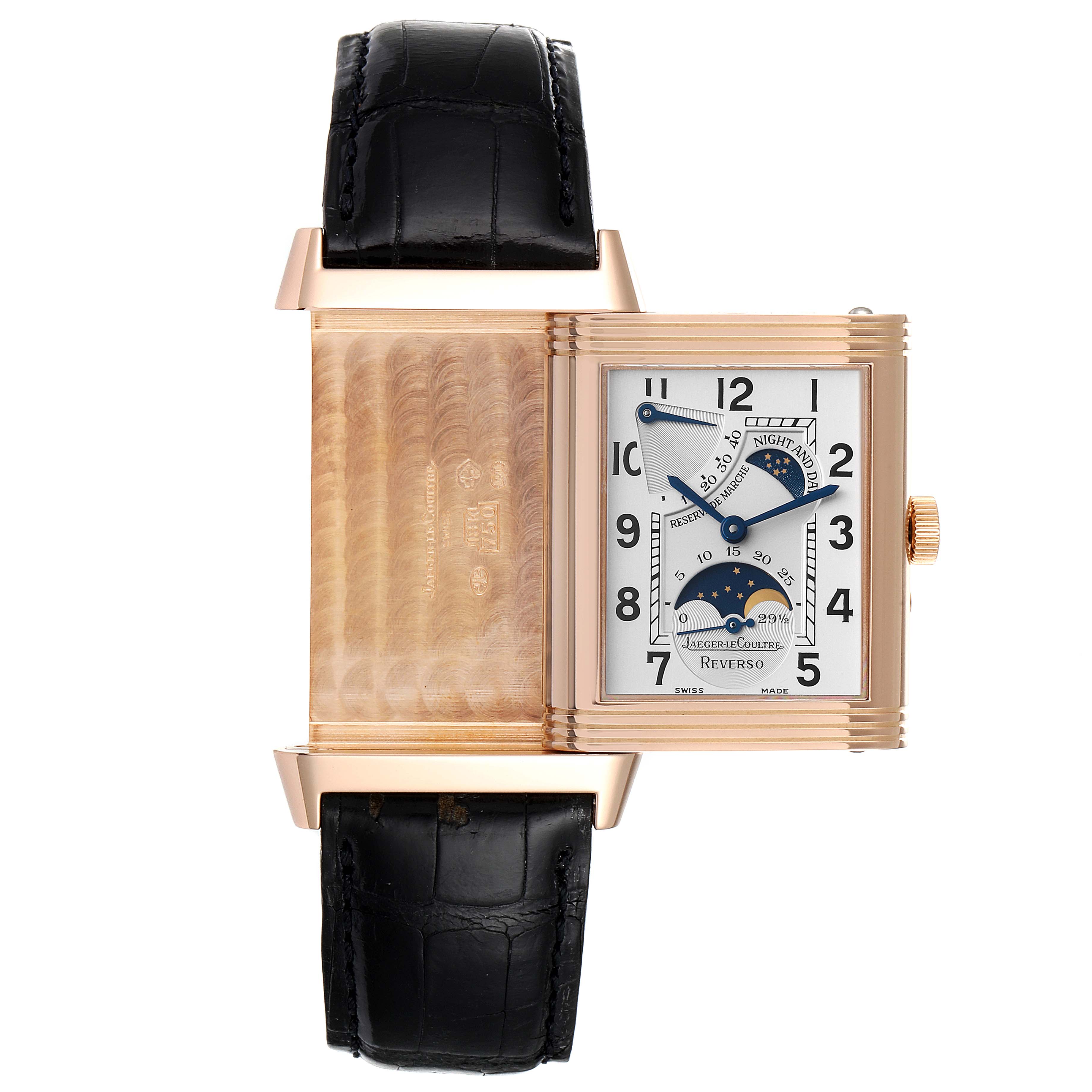 The image shows the Jaeger LeCoultre Reverso Q2752420 Men
s Rose Gold Silver Dial Q2752420 Men
s Rose Gold Silver Dial watch with its case partially flipped, exposing both the dial and the back.
